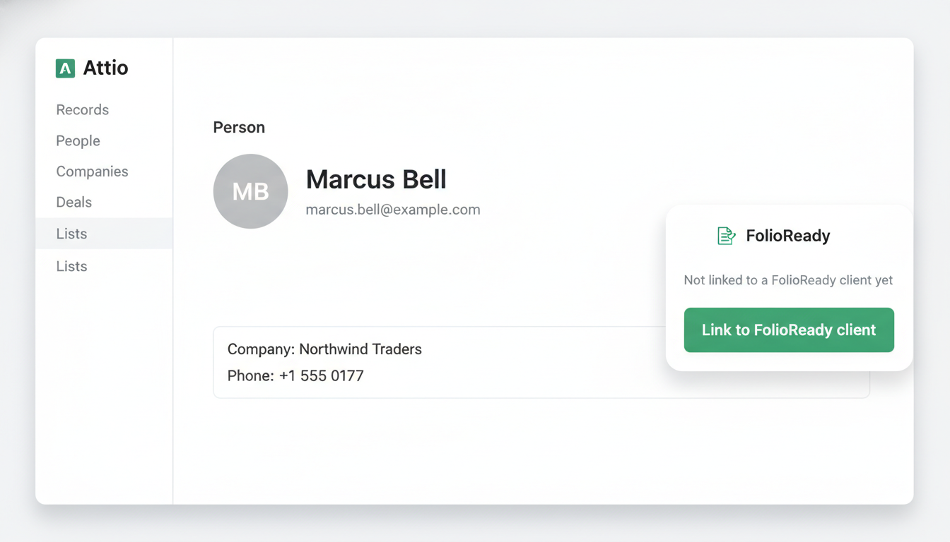 An unlinked Person shows a single Link to FolioReady client button.