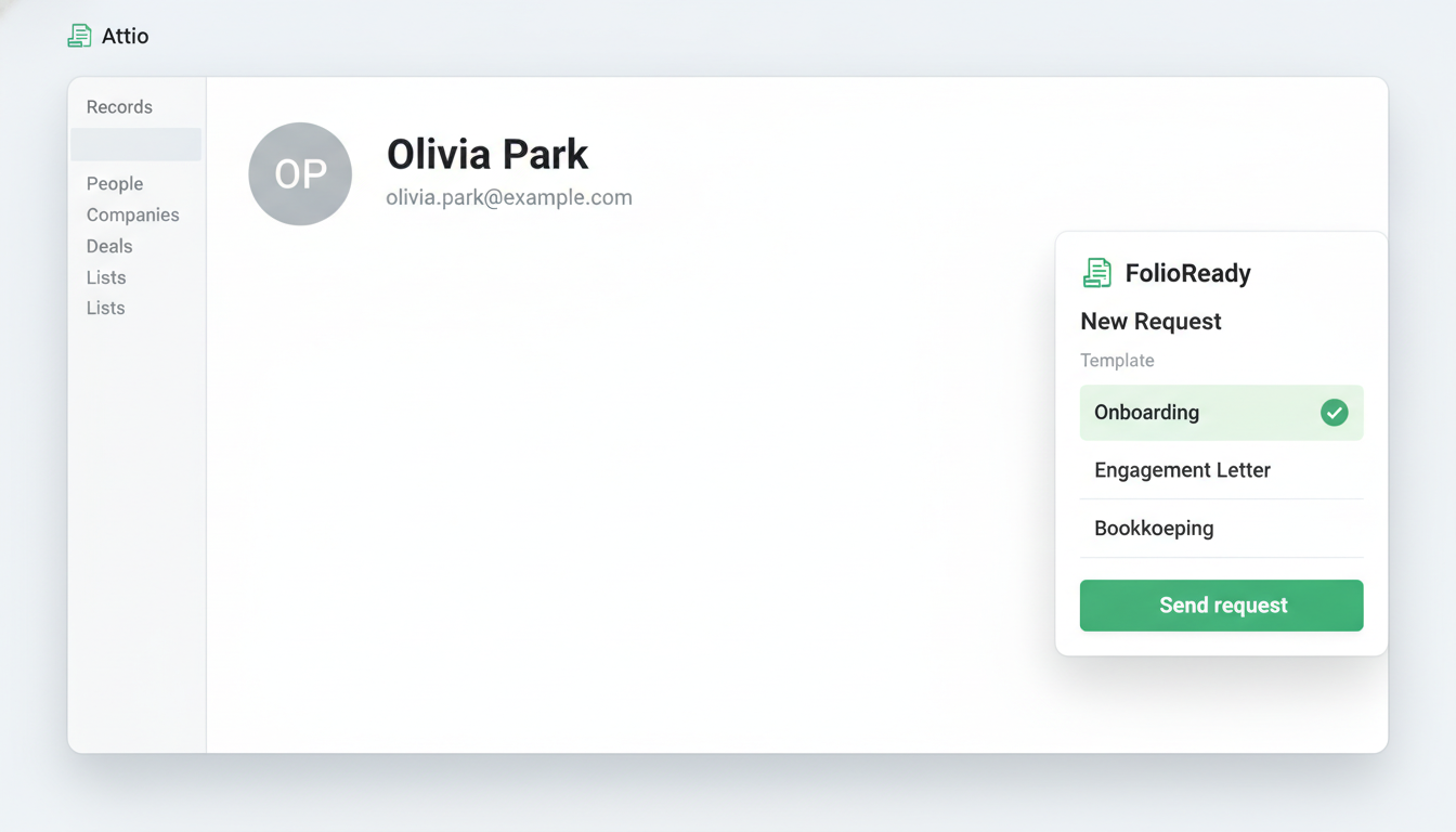 New Request — pick a template and send, all inside the Attio panel.