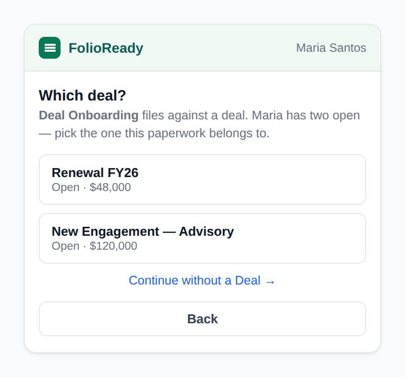 The same widget on a Deal record — the request files against the deal you're looking at.