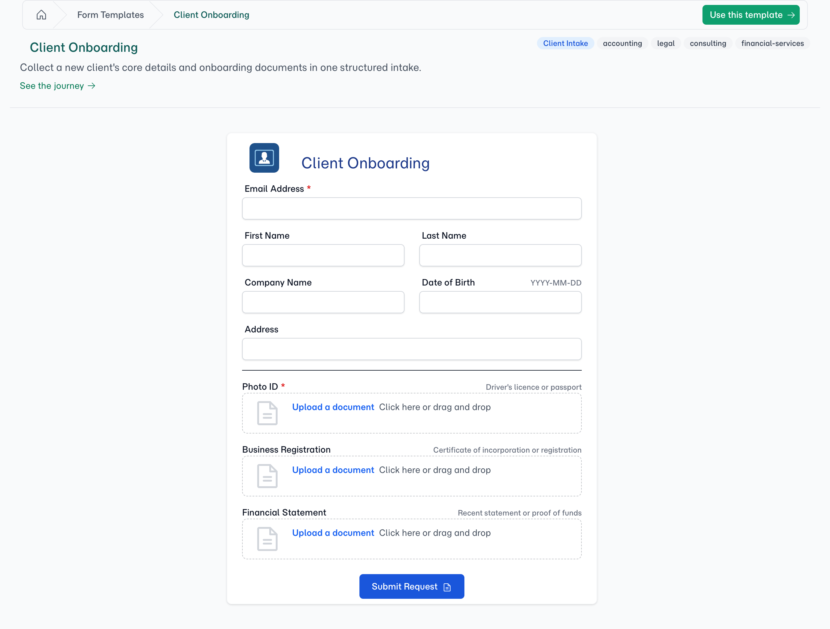 What Olivia sees — core details and a labelled slot for each onboarding document, one structured intake.