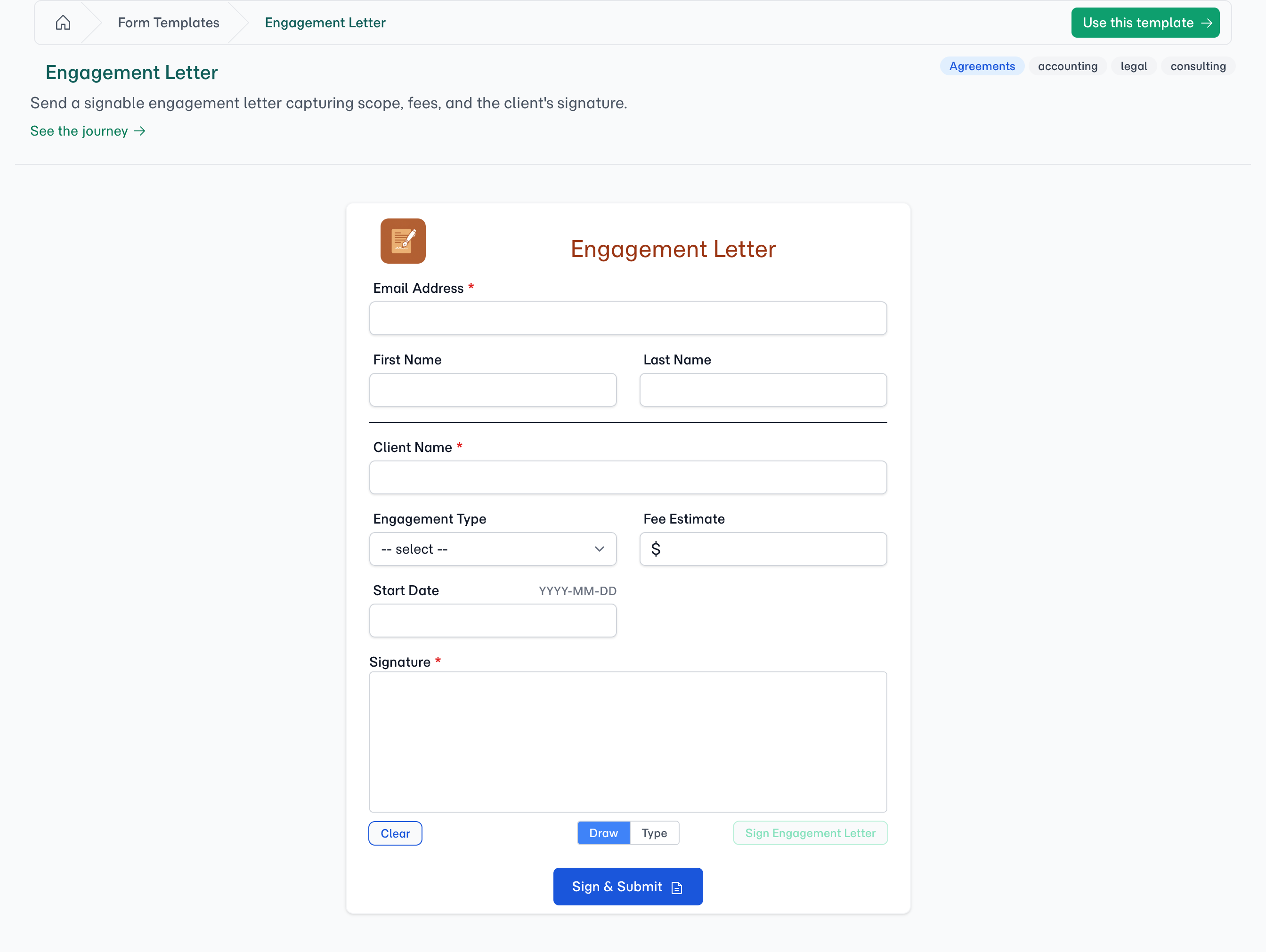 What Maria receives — the letter's terms exactly as you wrote them, with a signature field at the bottom: draw or type, no account, no app, no printer.