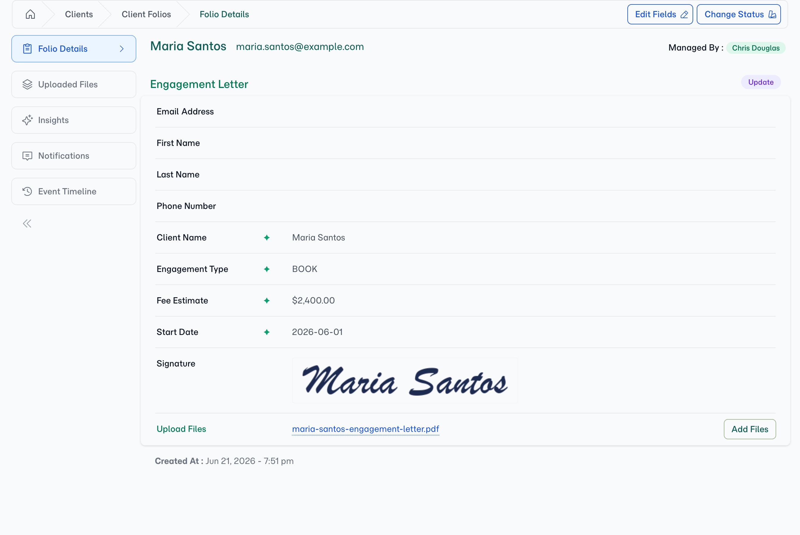 Maria's folio — the agreed terms on file and her captured signature bound to the submission. Signed means sealed.