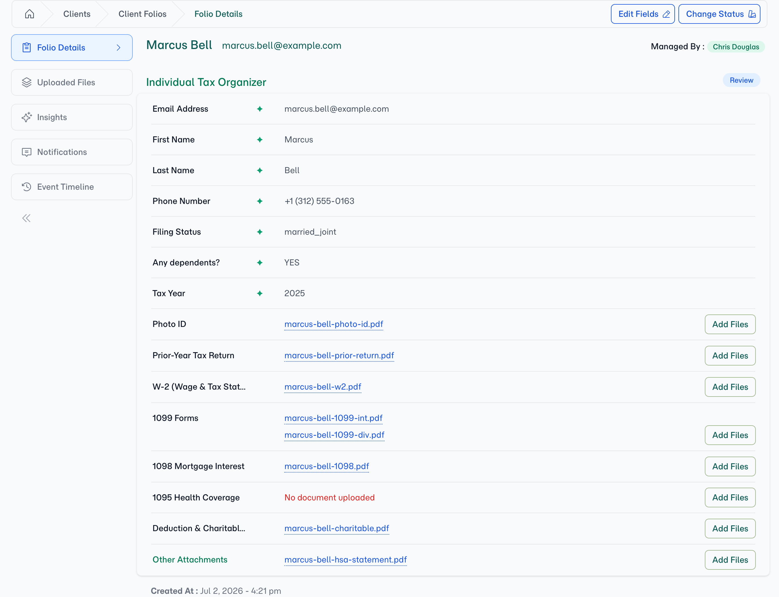 The review — filing answers as structured fields, every slot accounted for, one visible gap.