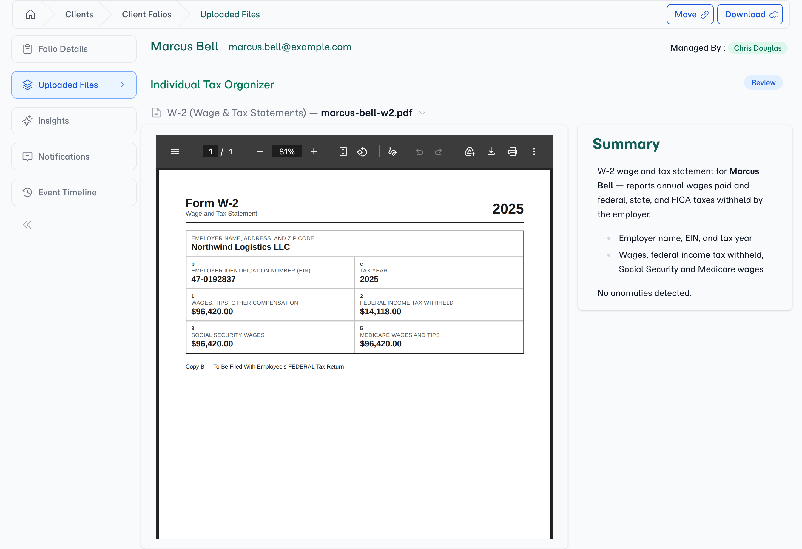 Marcus's W-2, read and summarised — employer, wages, and withholdings called out beside the document itself.