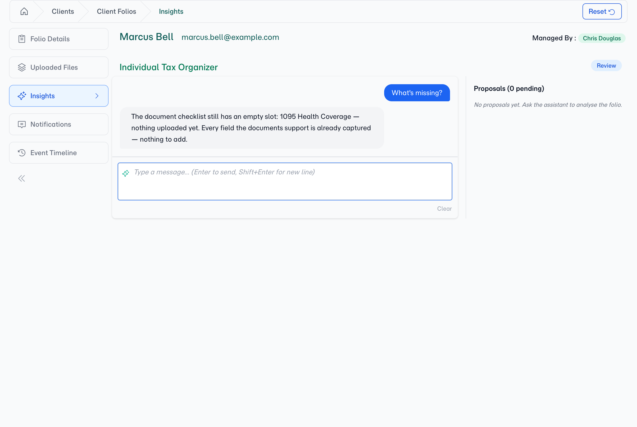 Asking the folio 'What's missing?' — AI names the one empty slot and confirms nothing else is outstanding.