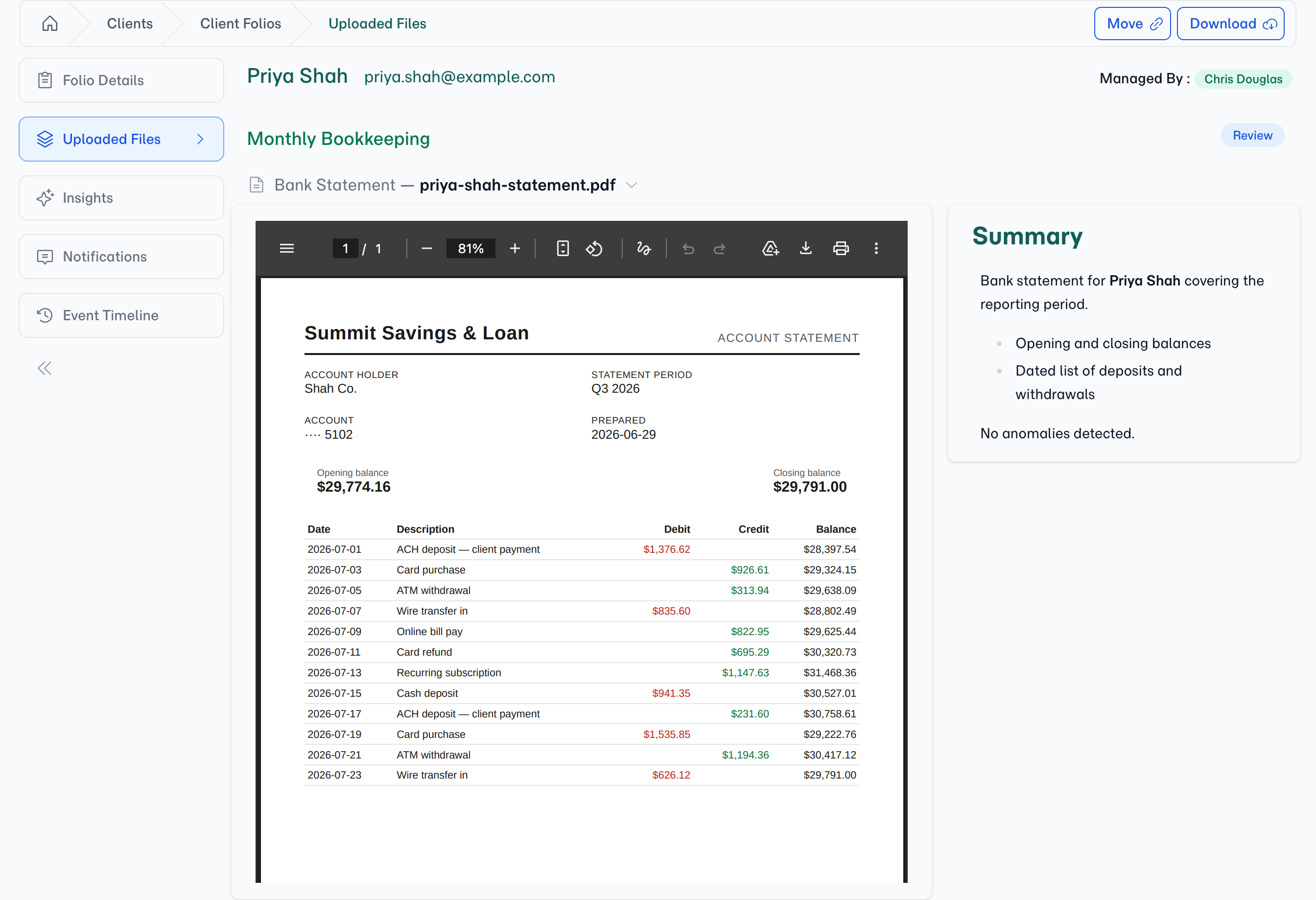 Priya's Q3 bank statement, read and summarised the moment it arrived by email.