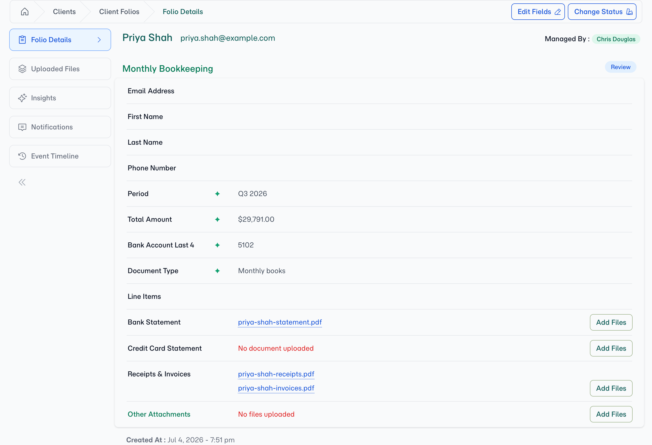 The quarter's folio — period, total, and account extracted ✦ from the statement, every document filed, and the one empty slot (credit card statement) visible at a glance.