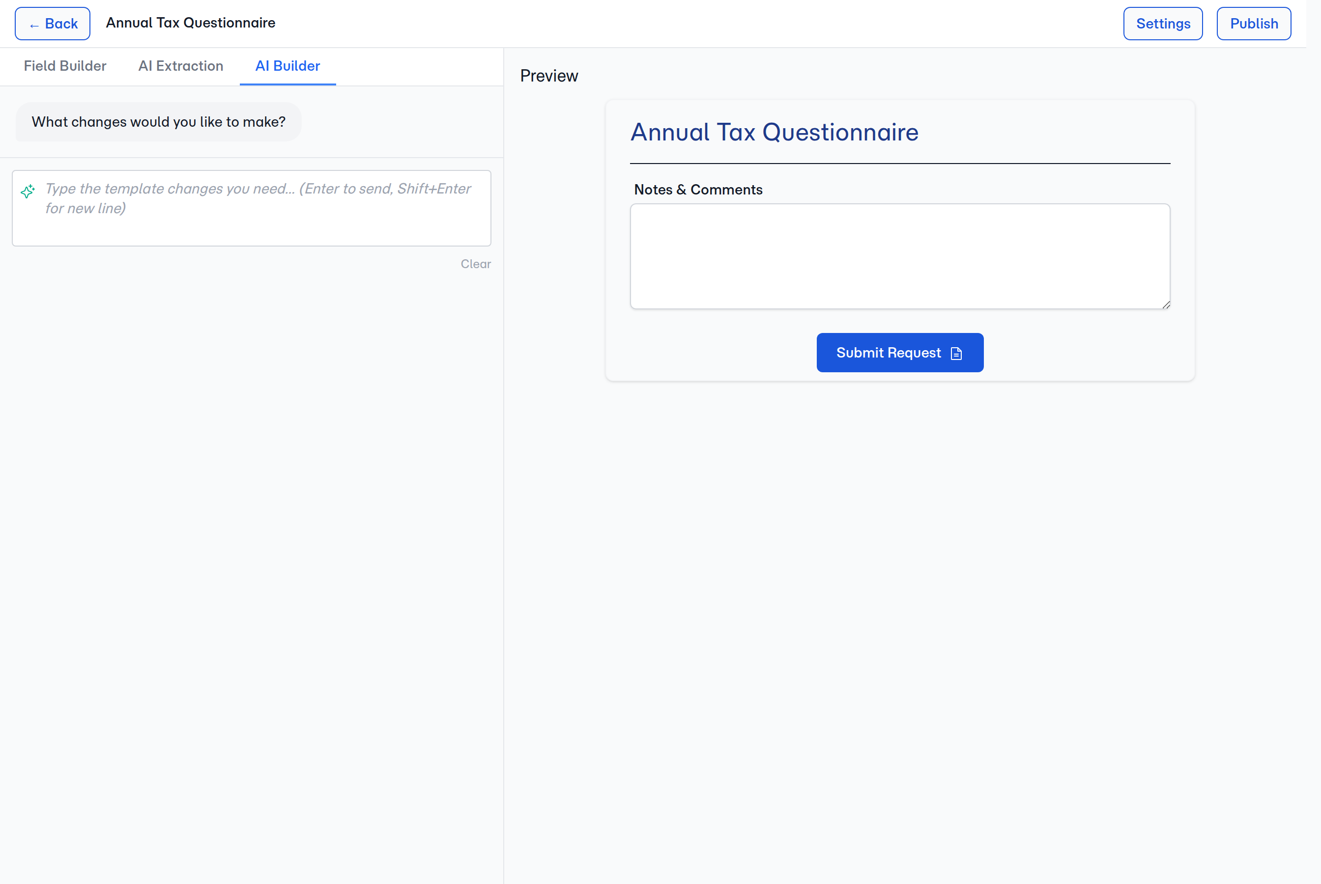 The AI Builder tab — chat input on the left, live preview of the form on the right.