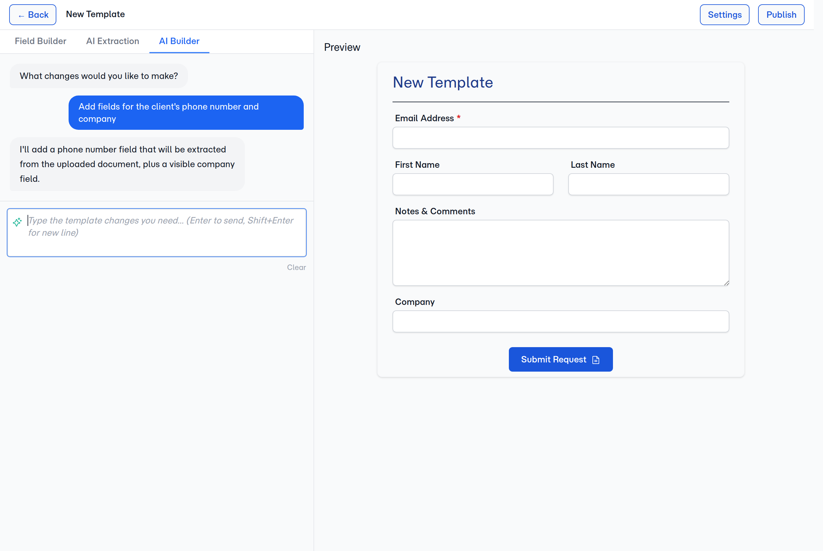 A prompt asking for a phone and company field — the assistant replies, and the preview picks up the new Company field on the right as the design updates.