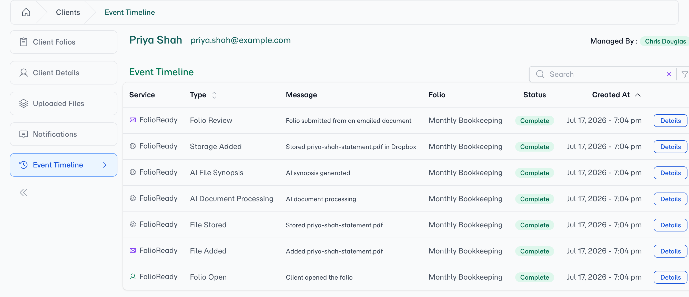 The client Event Timeline — every event across all of a client's folios in one feed, with a Folio column so you always know which folio each entry belongs to.
