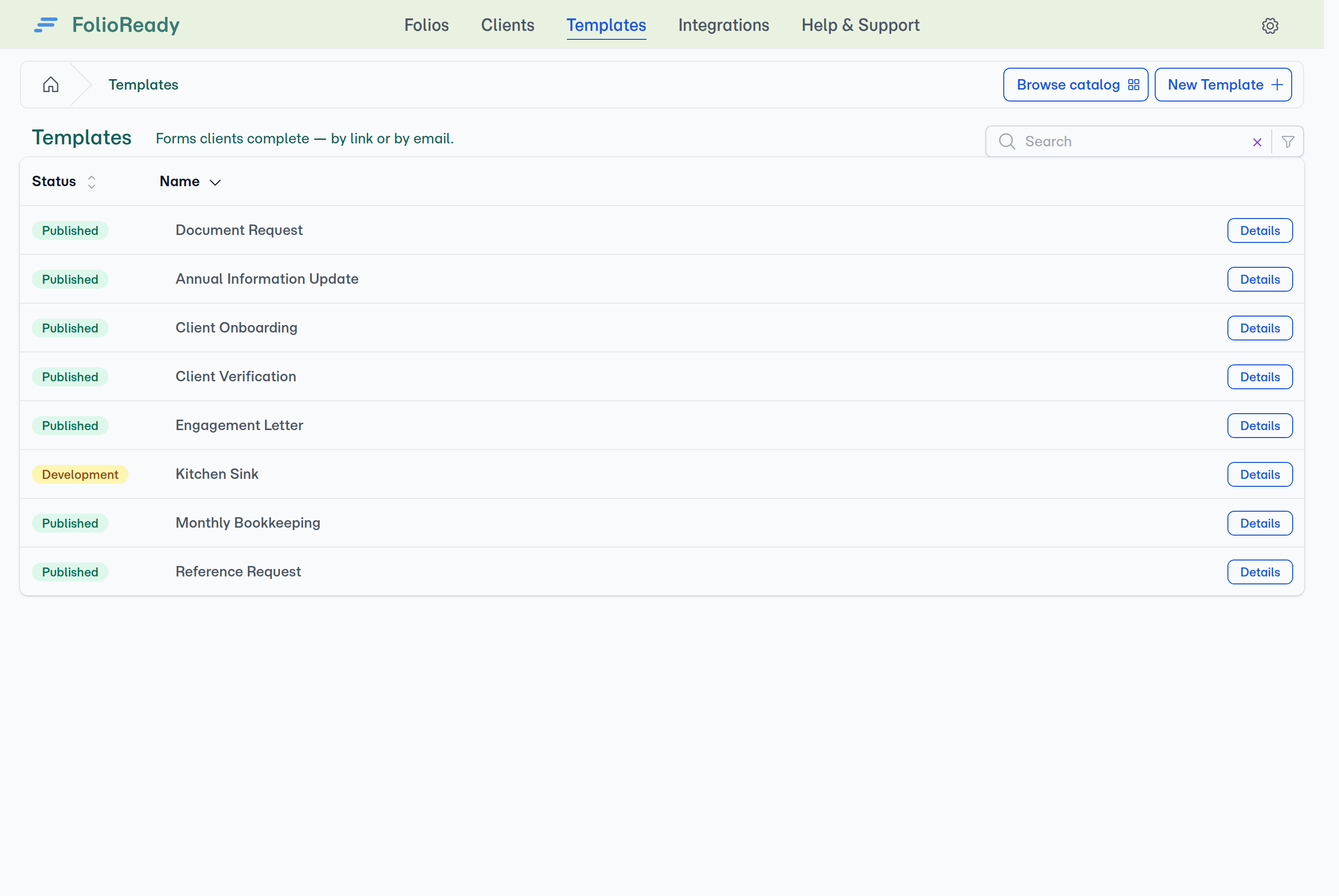 One unified Templates list — every template works by portal link and by email, with no separate type to pick up front.