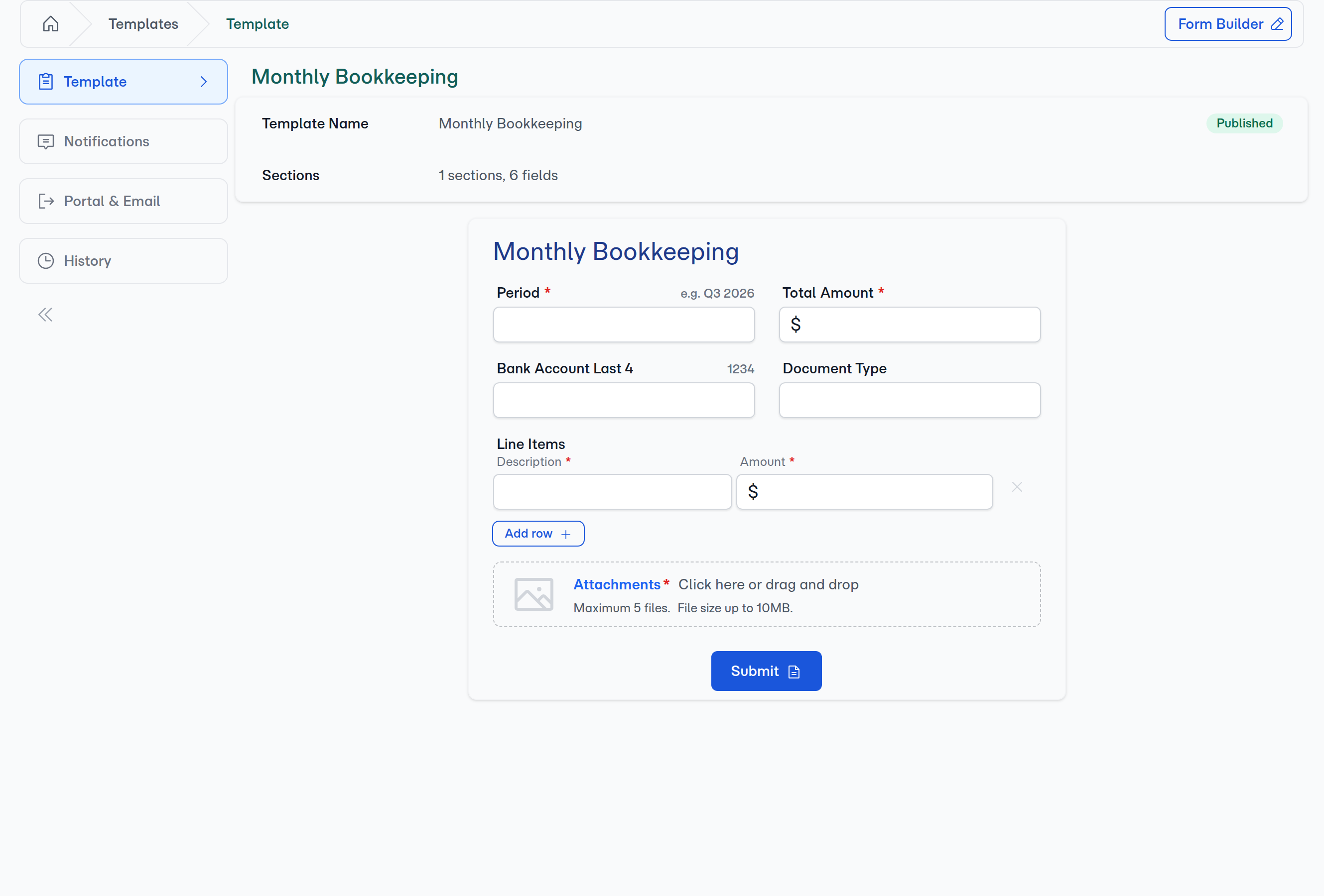 A template's detail view — Template, Notifications, Portal & Email, and History tabs, with a live preview of the form clients complete.