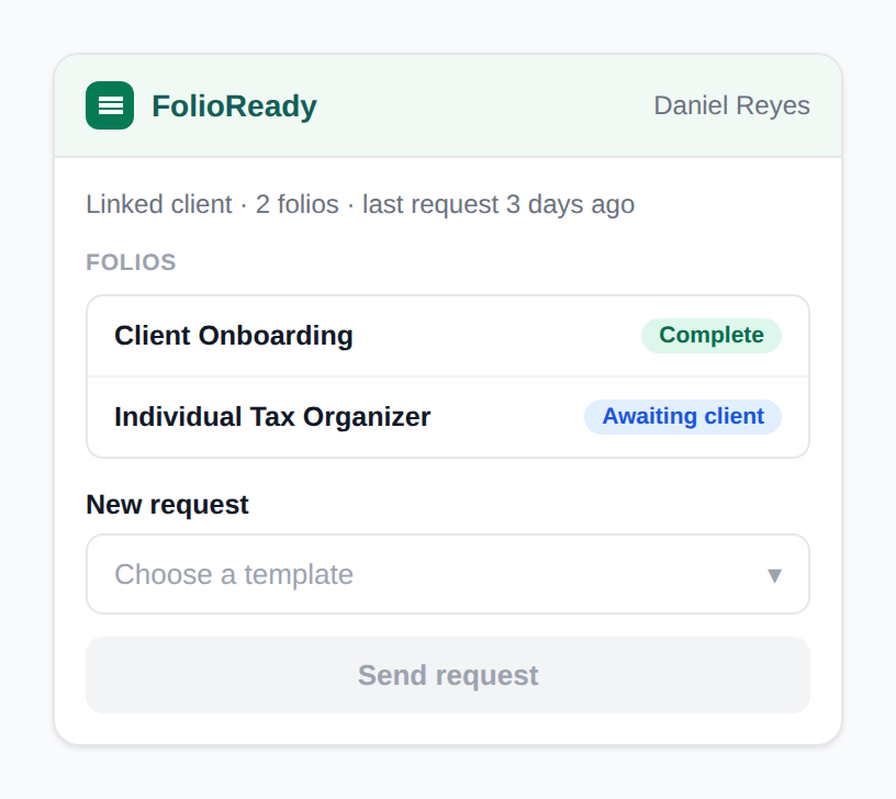 The FolioReady panel open in the Intercom inbox — a linked contact's folios and a template picker, right beside the conversation.