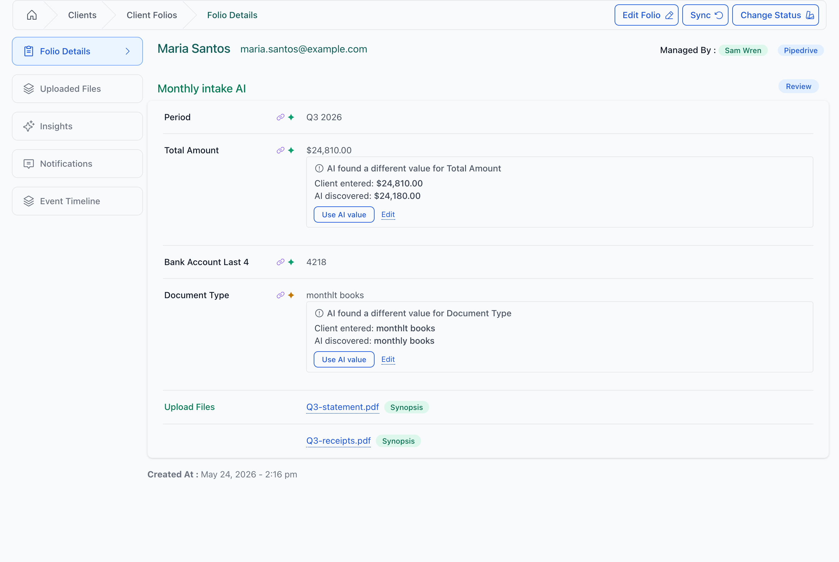 A folio with two mismatched AI fields. Period and Bank Account Last 4 match — they show the client's answer with no indicator. Total Amount and Document Type show the inline panel with the AI's value and a one-click action.