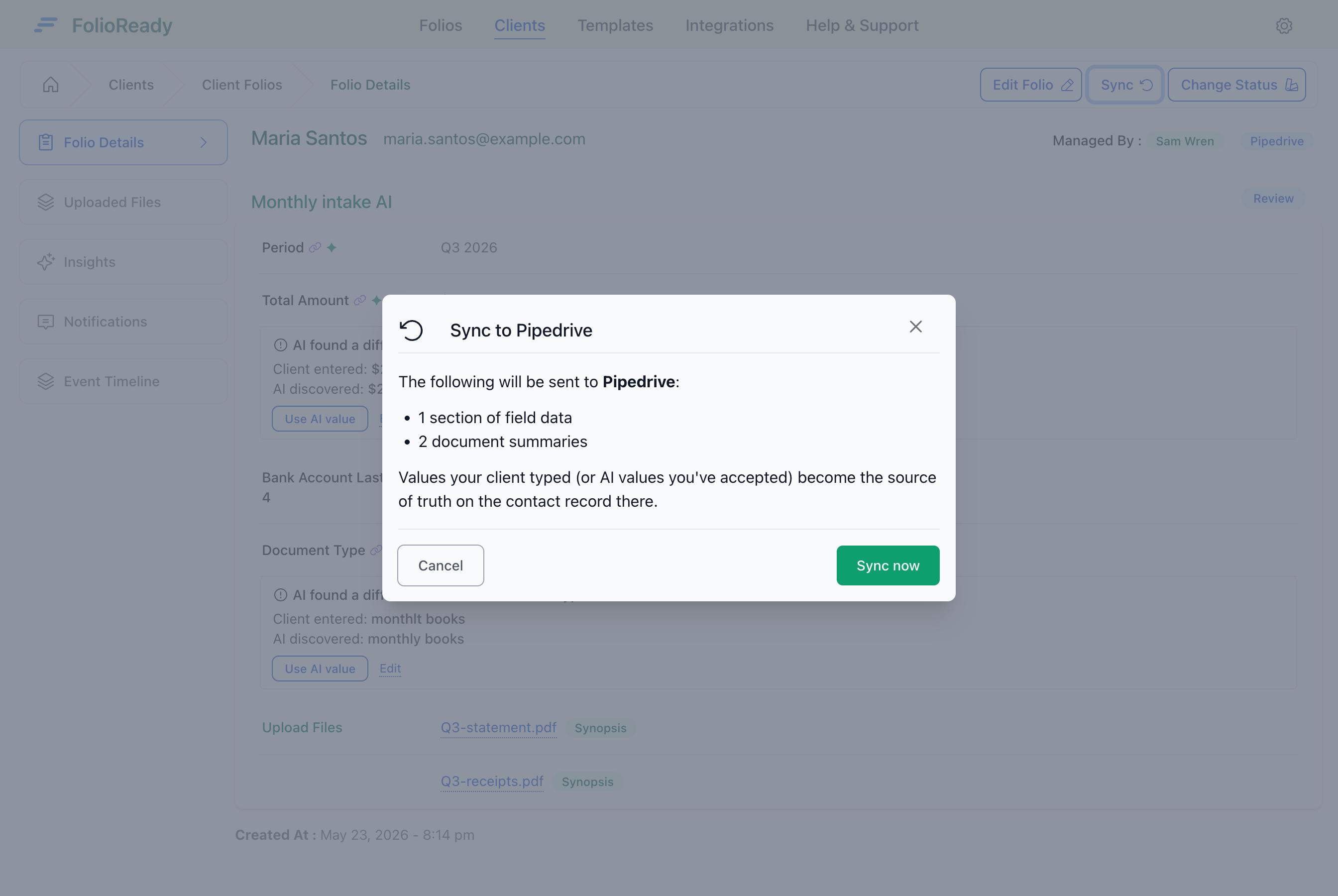 The Sync confirmation dialog names your CRM and itemises what will be sent — sections of field data plus any unsynced document summaries.