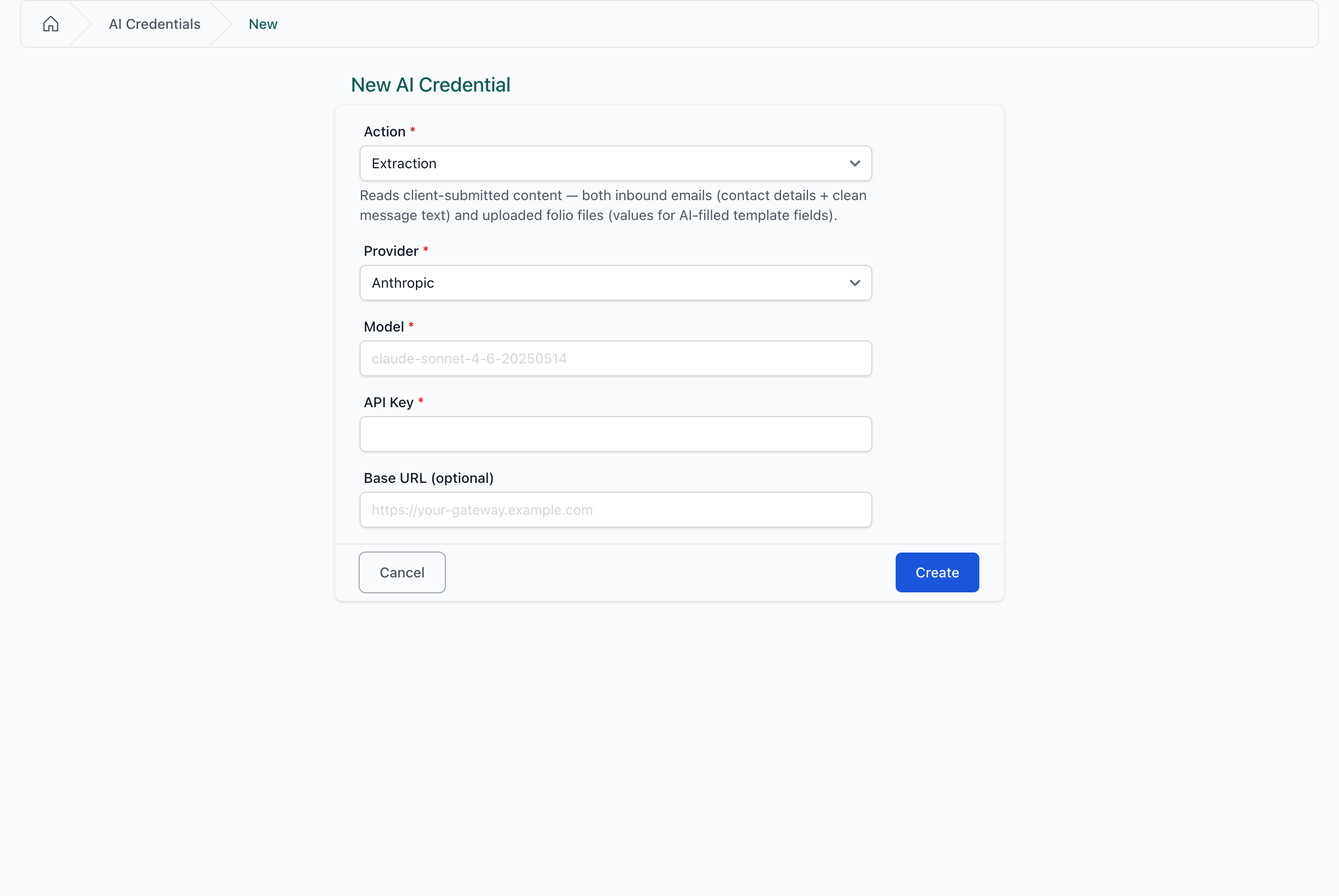 New credential form — pick a provider, paste your key, and optionally point at a proxy endpoint.