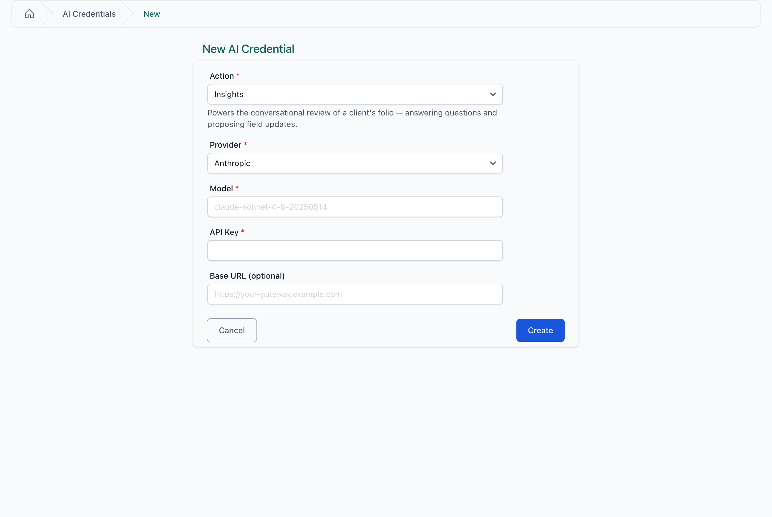 Scope each credential to a specific AI action — extraction, insights, synopsis, or builder.