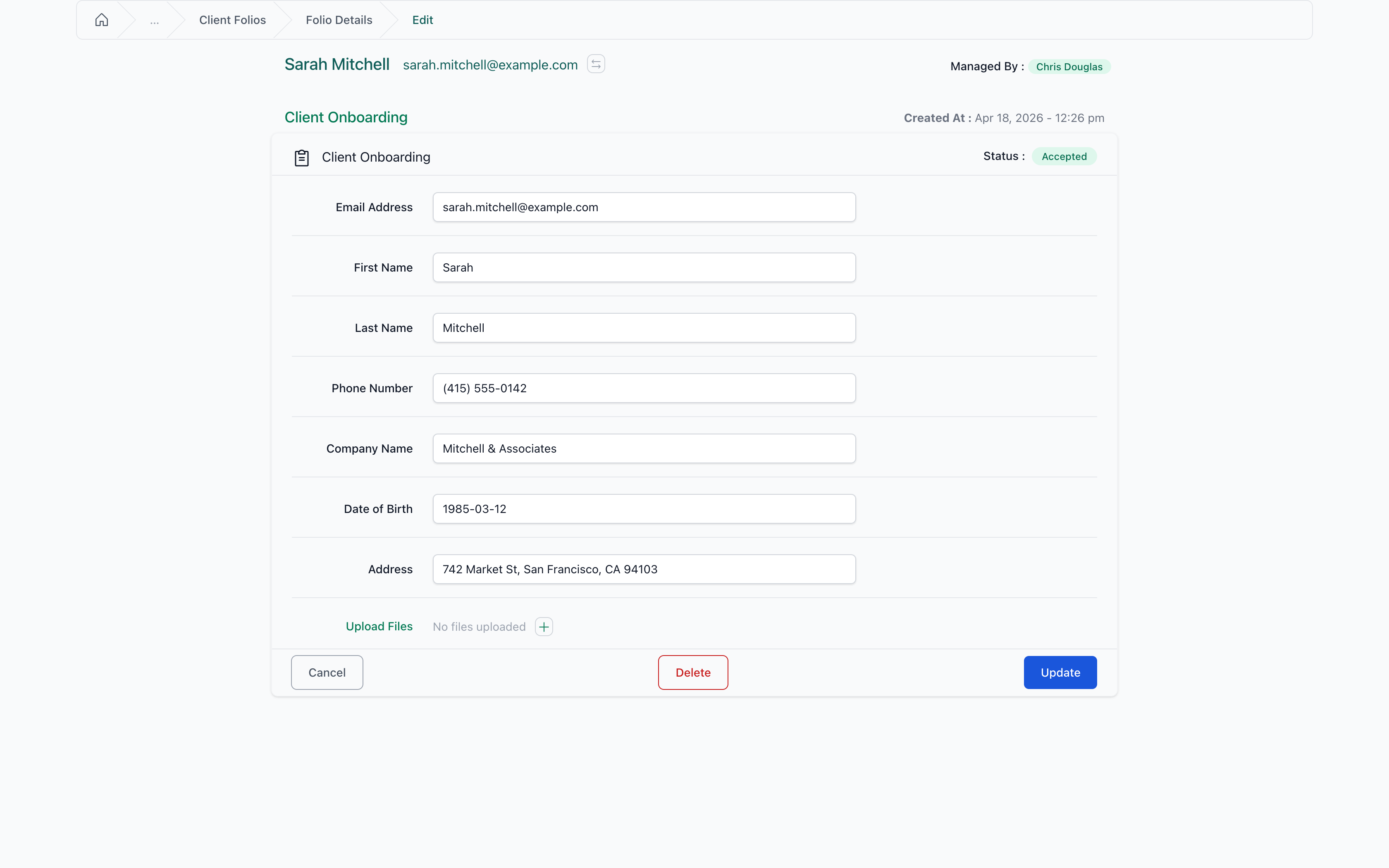 Folio edit page — the move icon sits next to the client name at the top.