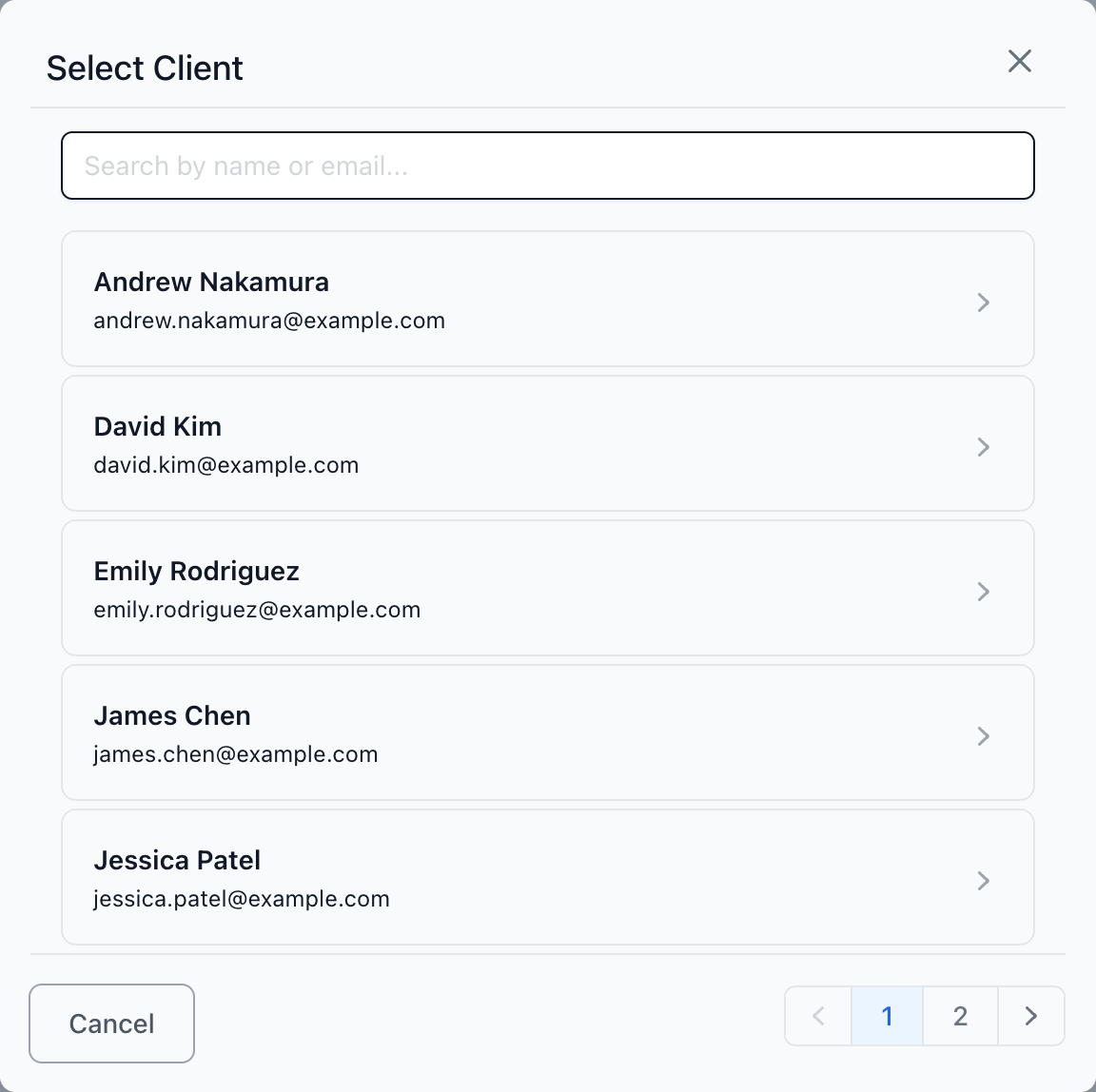 Select client — search by name or email, or pick from the paginated list.