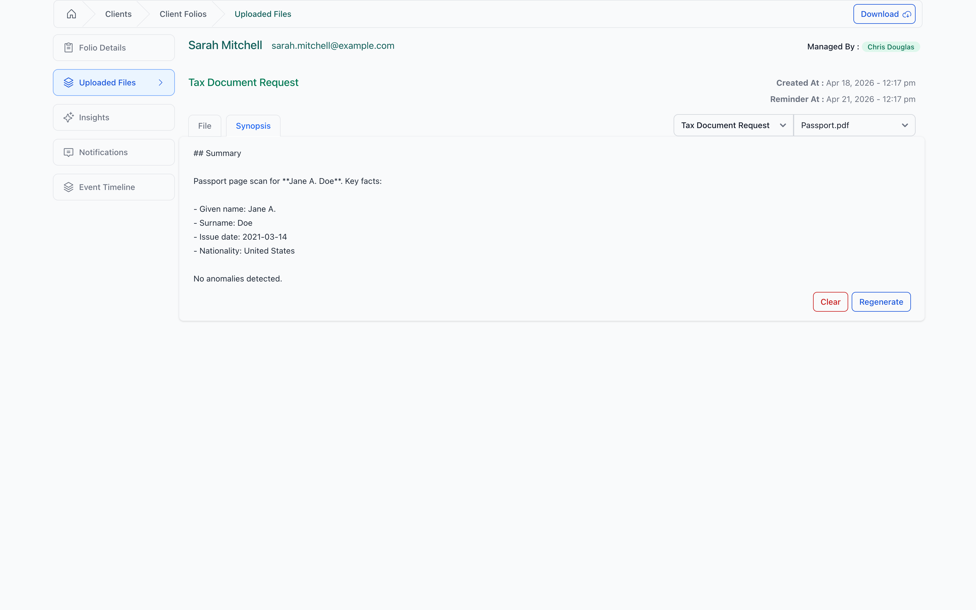 Synopsis tab on a passport PDF — a short summary with key facts, ready to scan.