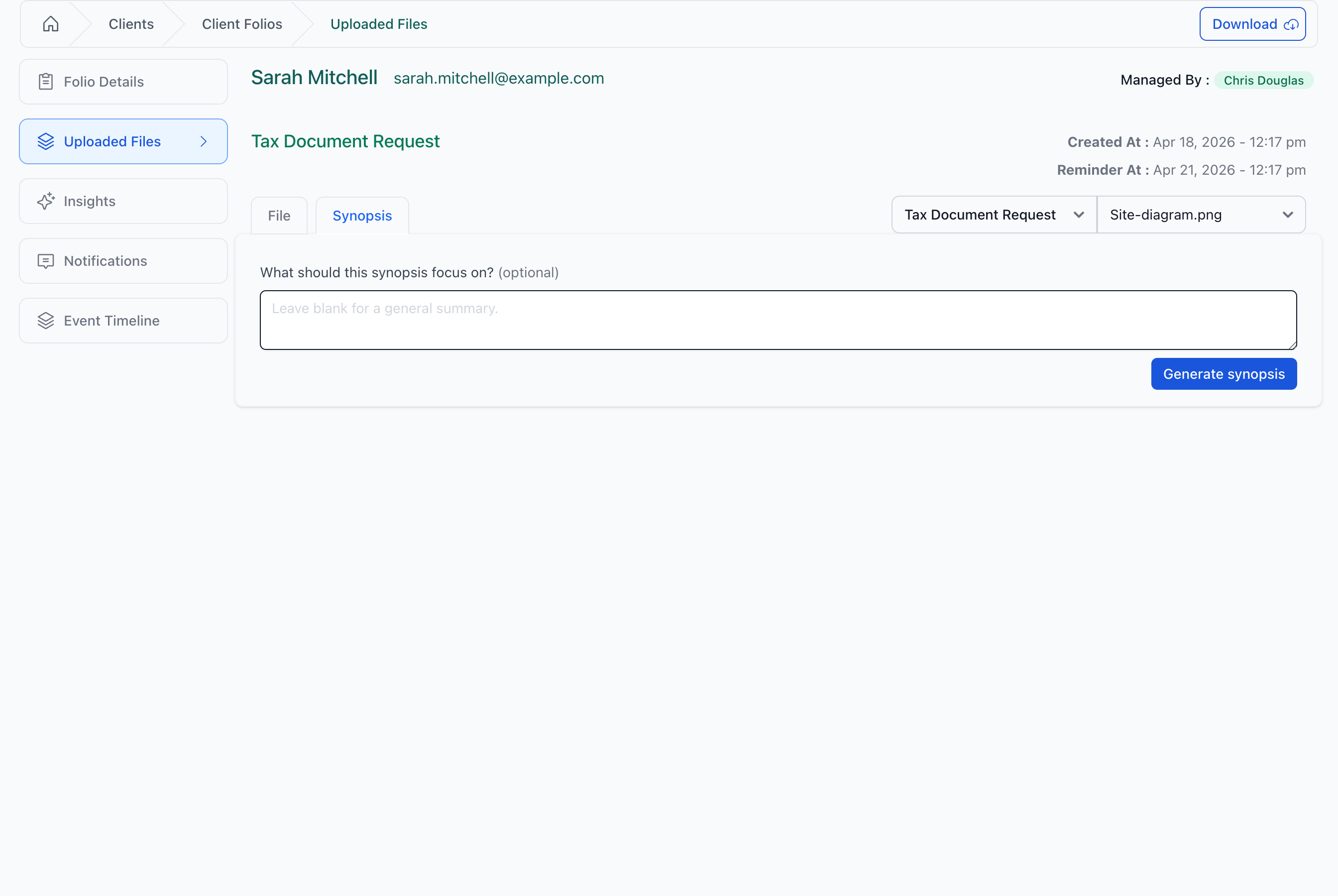 Synopsis form — optional focus textarea with a Generate synopsis button.