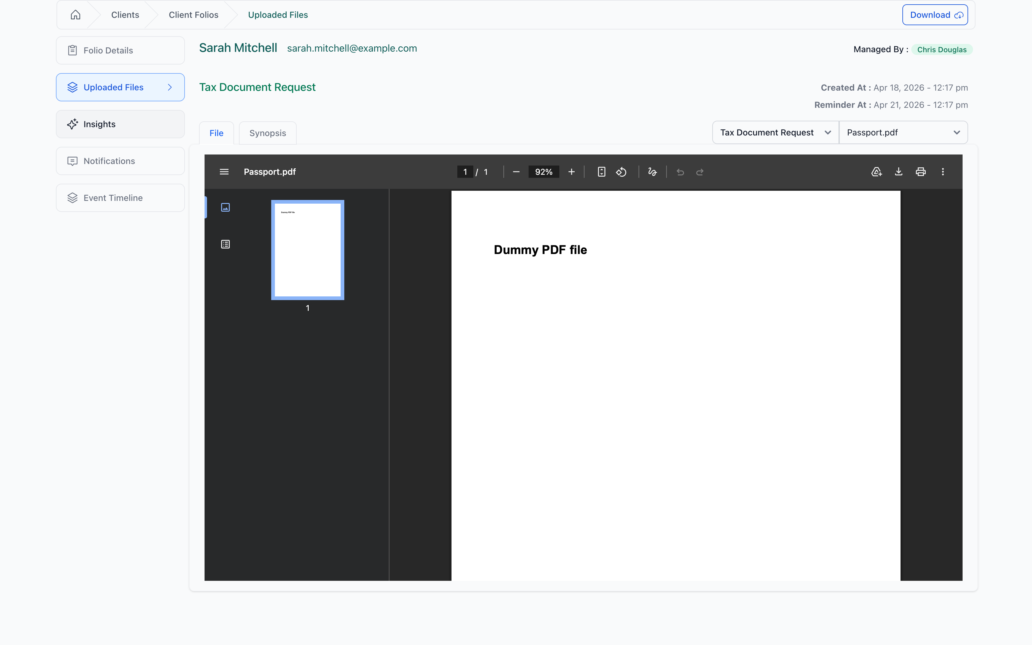 File and Synopsis tabs on the left, section and file selectors on the right, document preview below.