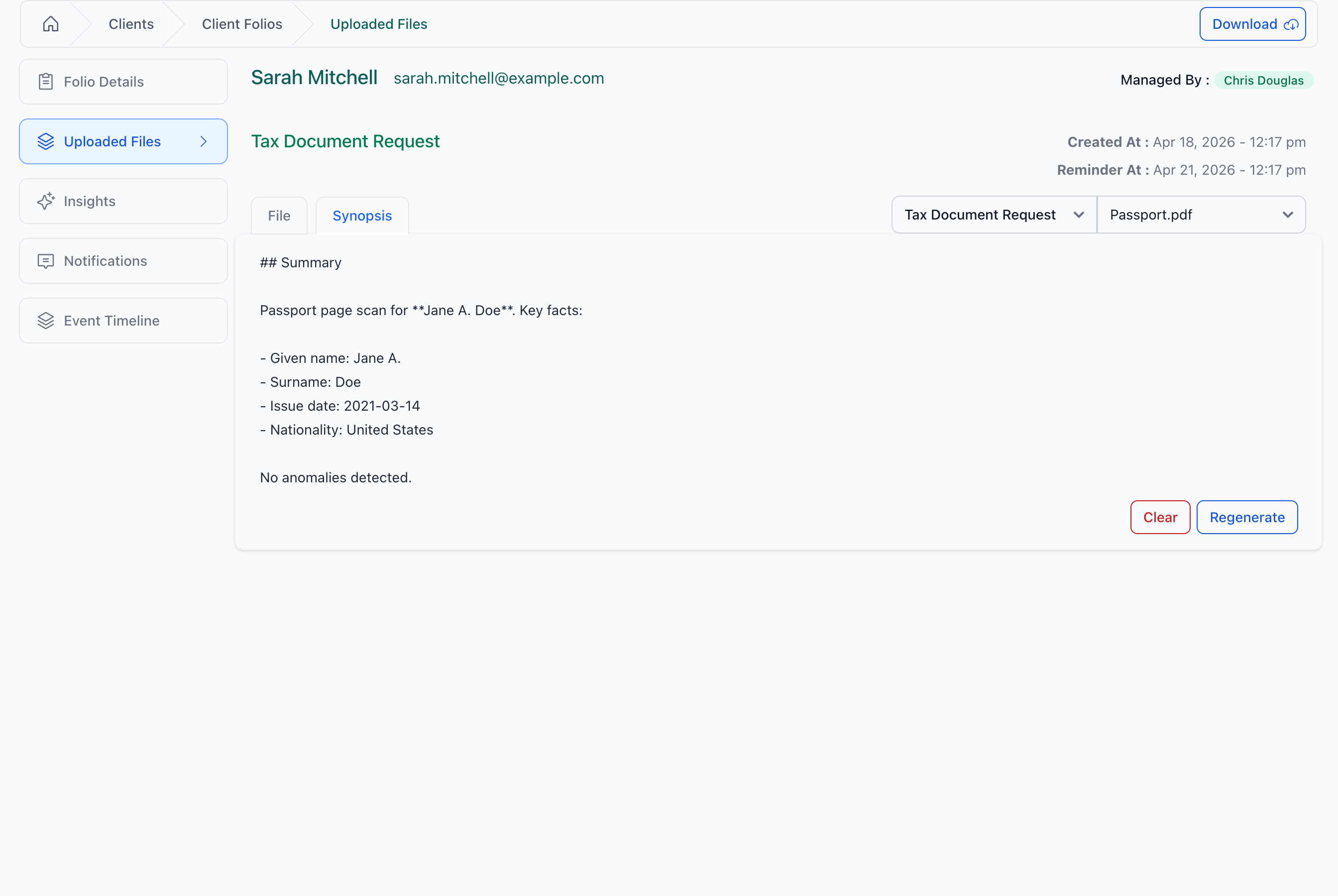 Ready state — the synopsis text with Clear and Regenerate buttons aligned right.
