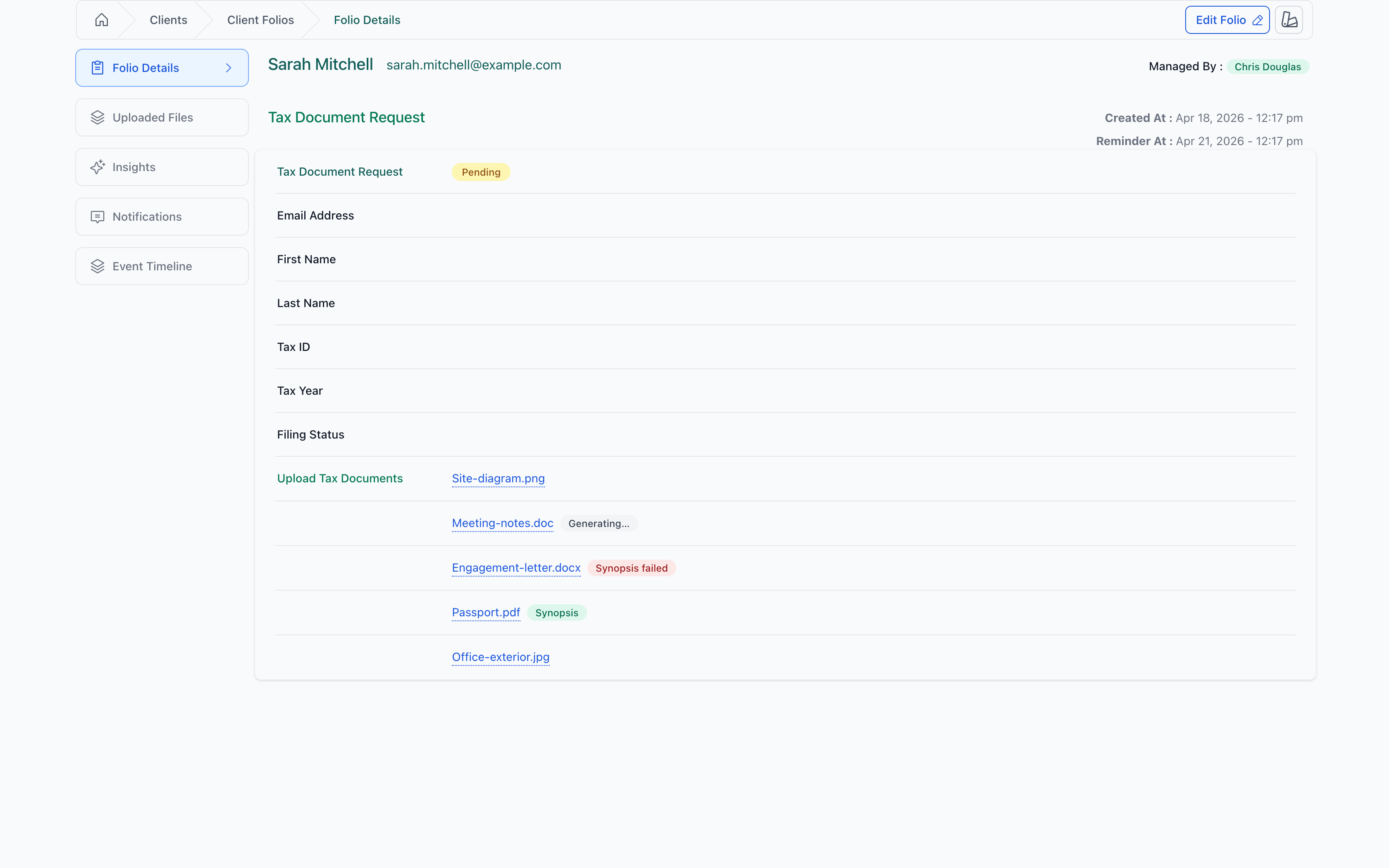Folio details — file list with mixed synopsis badges: ready, generating, failed, and no badge.