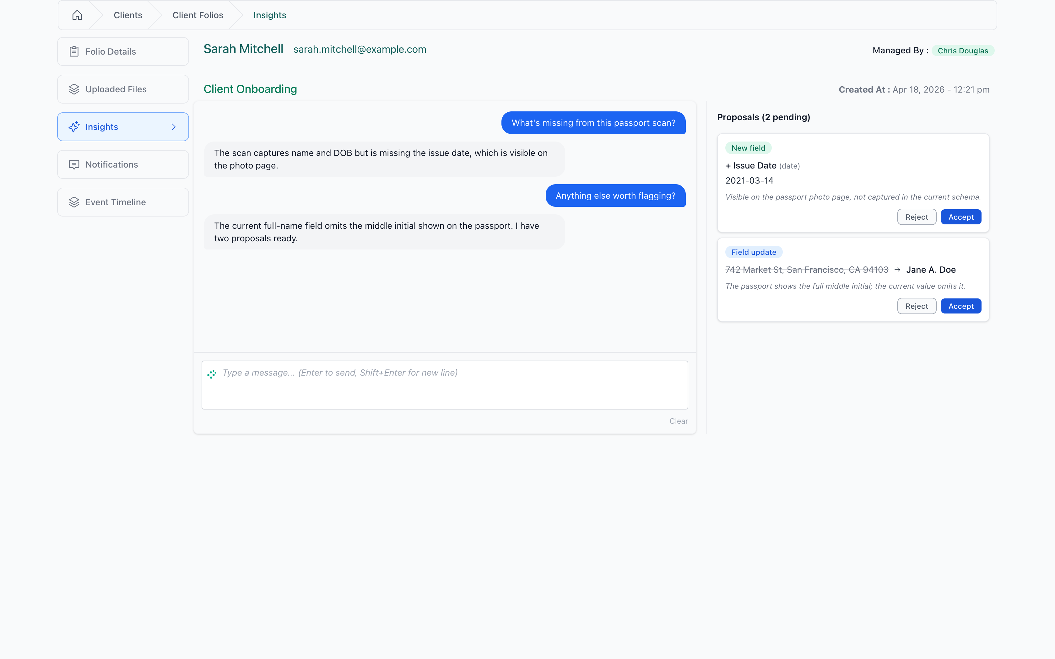 Insights tab on a folio — chat panel on the left, proposal cards on the right.