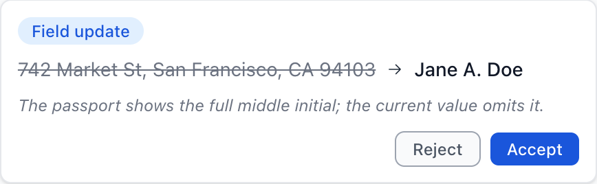 A Field update proposal — from and to values with the supporting reason.