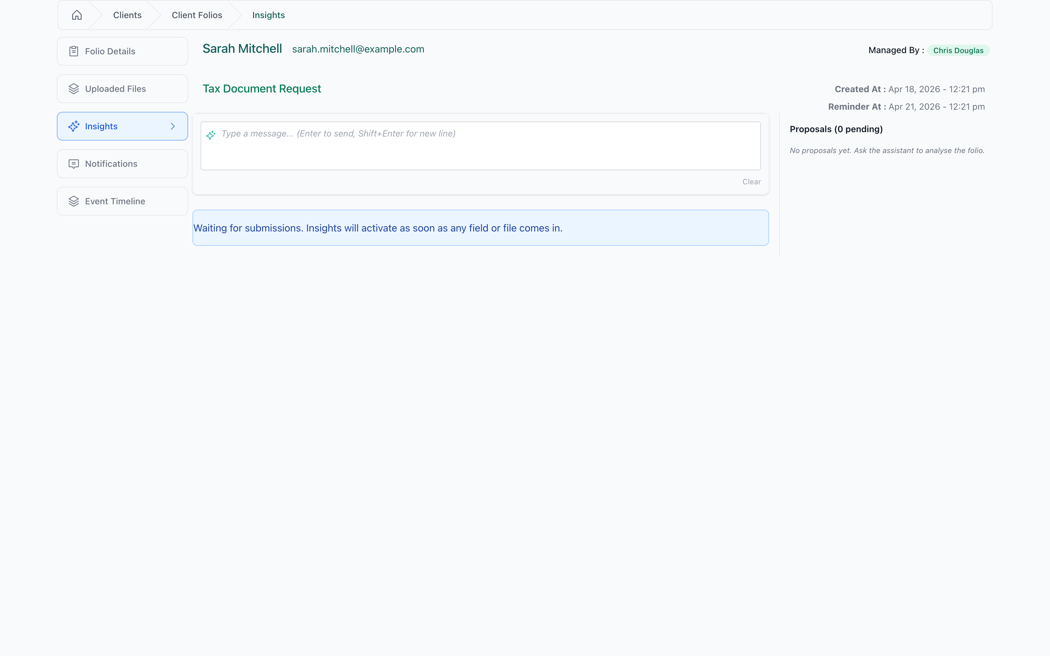 Empty state — Insights activates as soon as a field or file comes in.