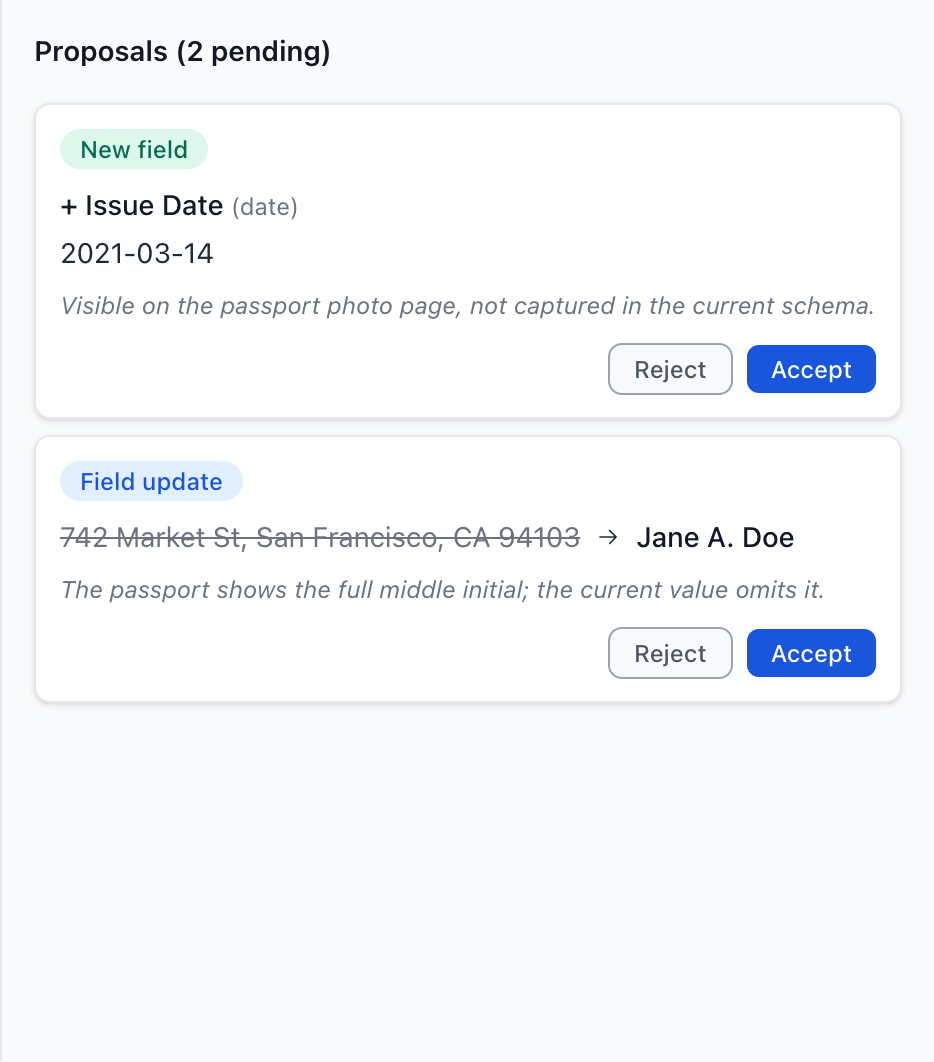Proposals panel — two cards: one Field update, one New field.