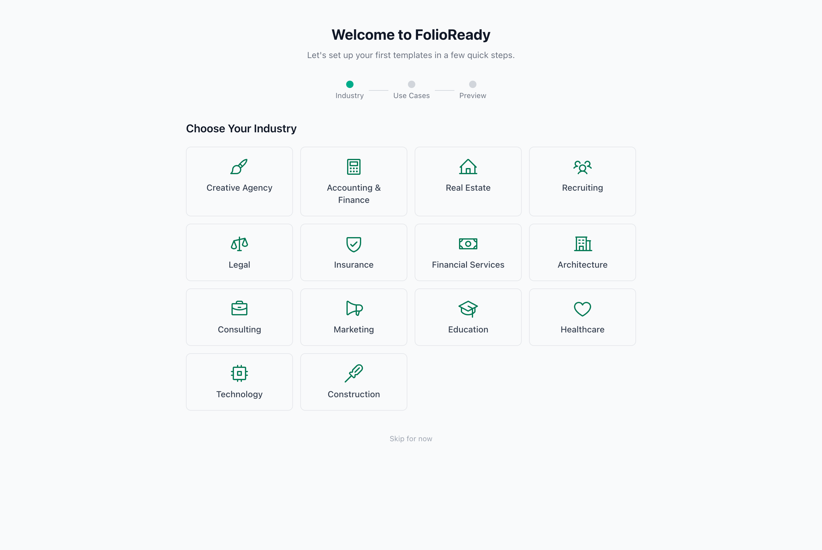 Step one of onboarding — pick the industry that fits your practice.