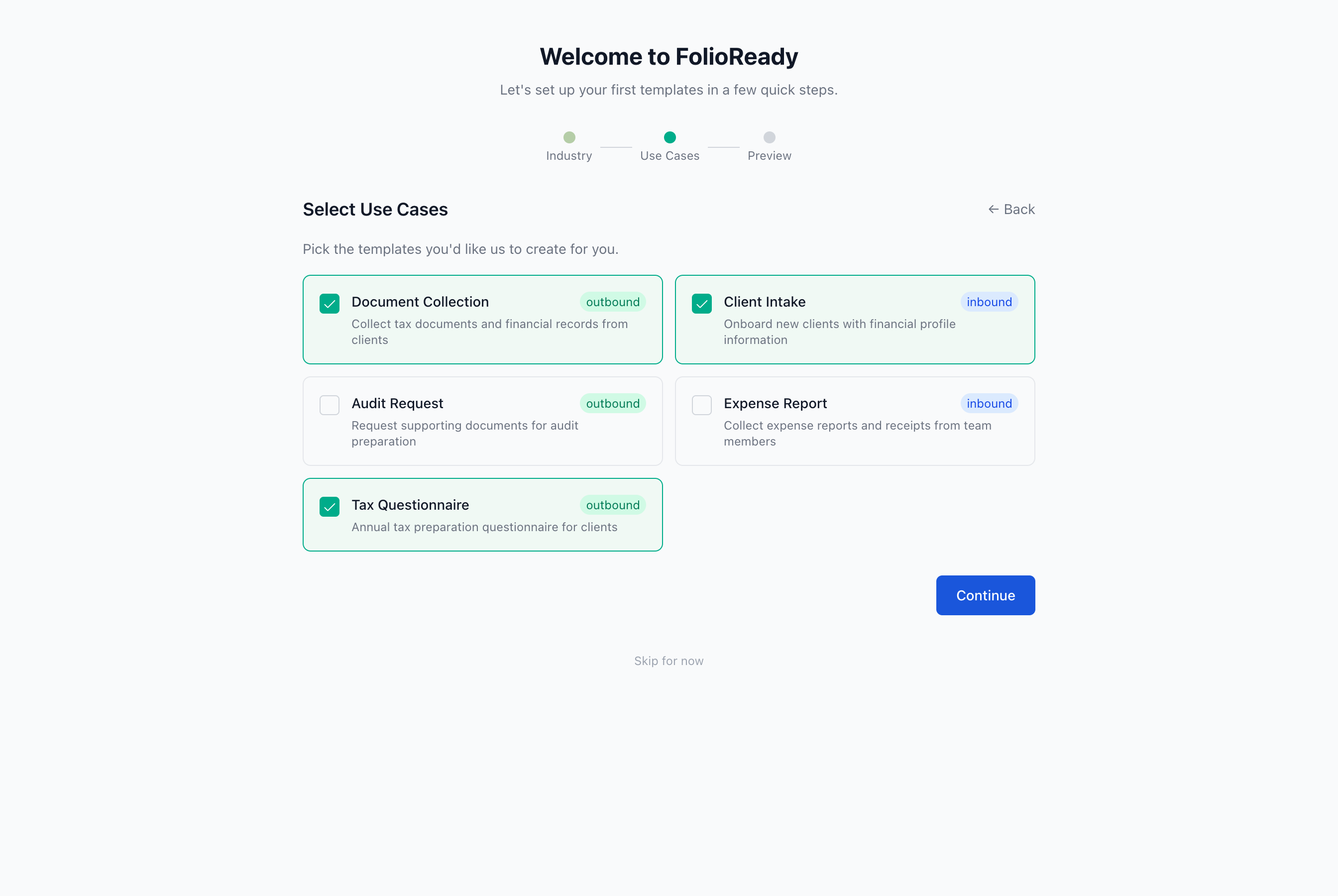 Step two — toggle the use cases you want. Pick one, two, or all five.