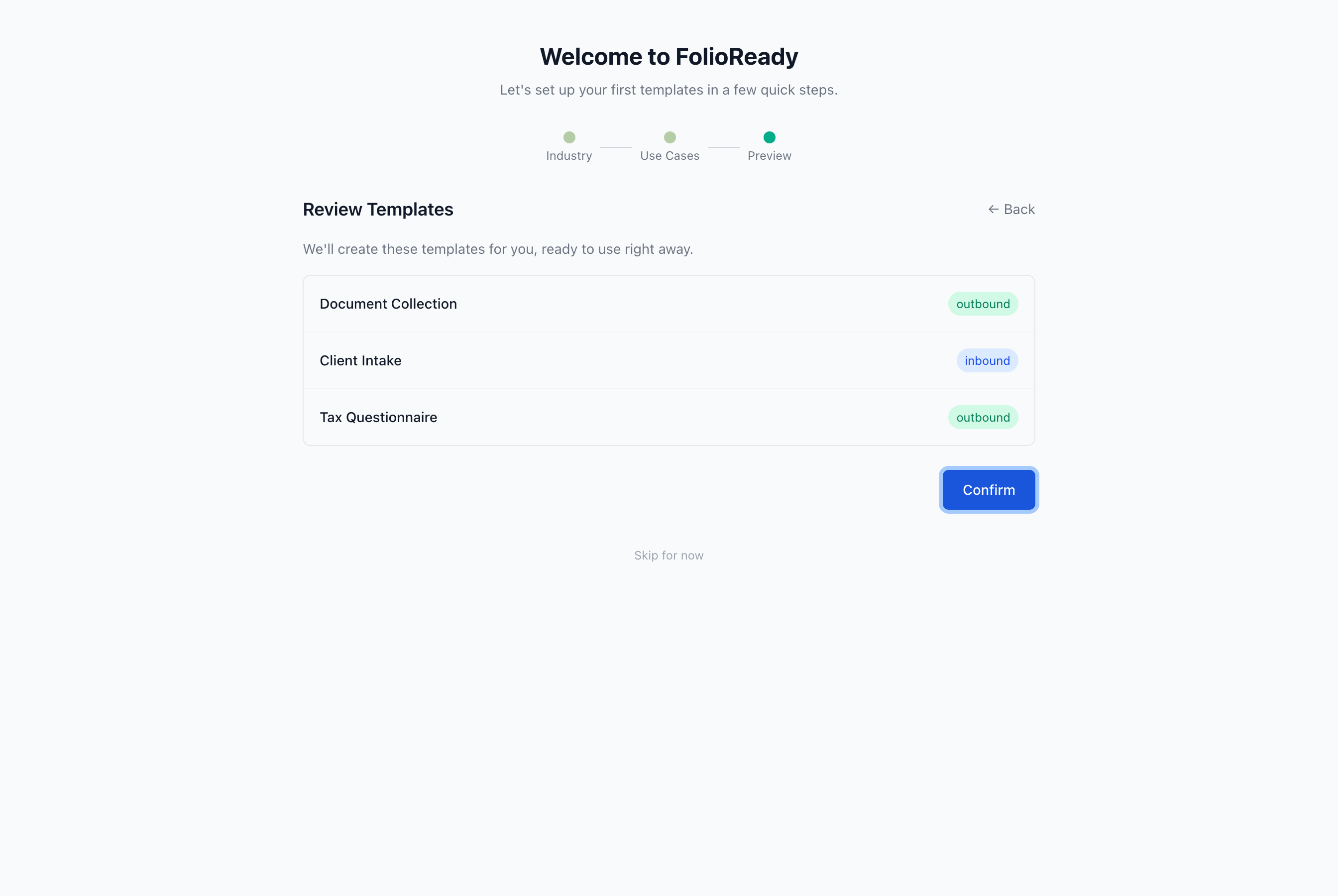 Preview — every template you'll get, with its inbound/outbound badge.