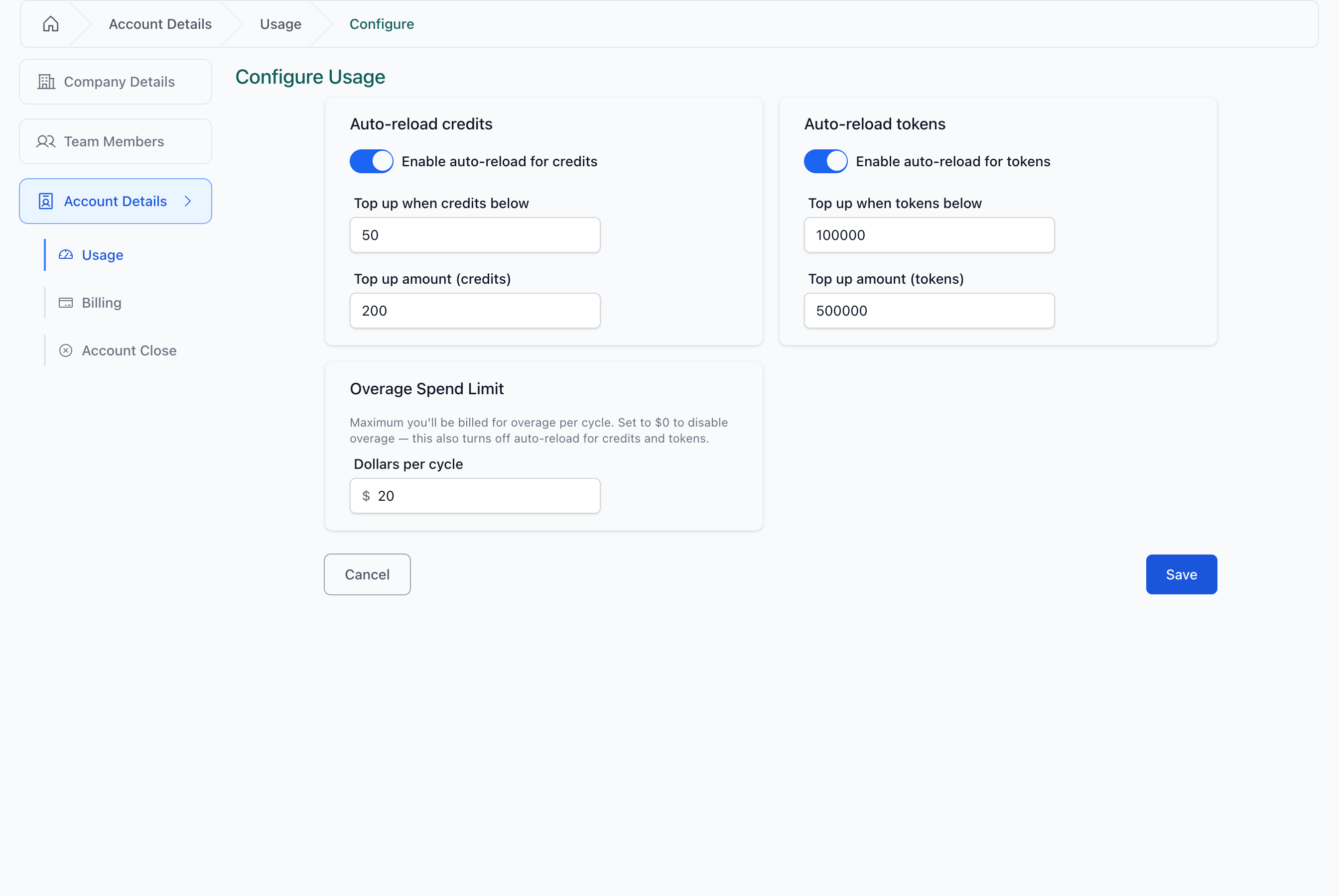 The Configure form — auto-reload per currency on the top row, spend limit below.