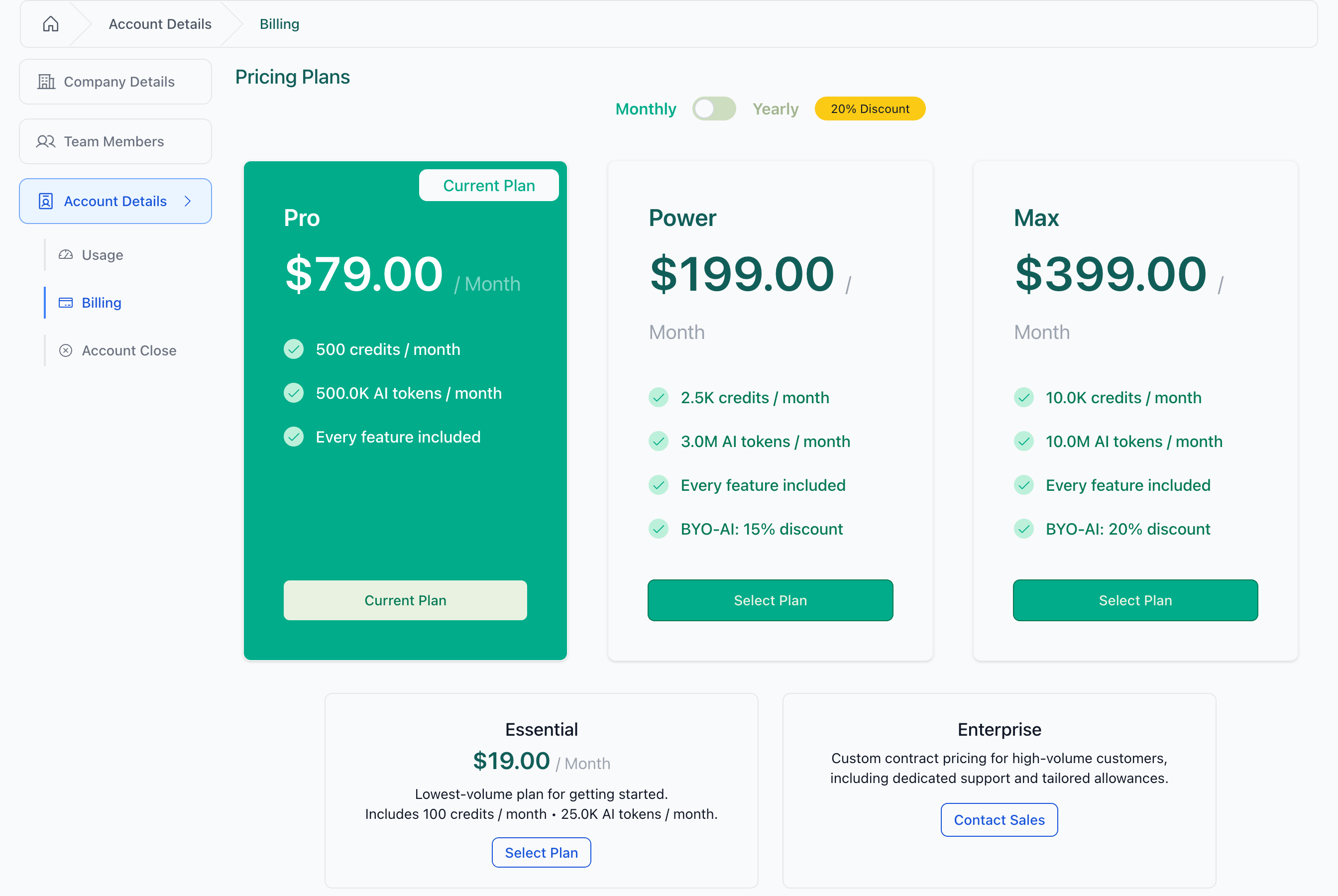 Account Details → Billing — your current plan is highlighted; switching is one click.
