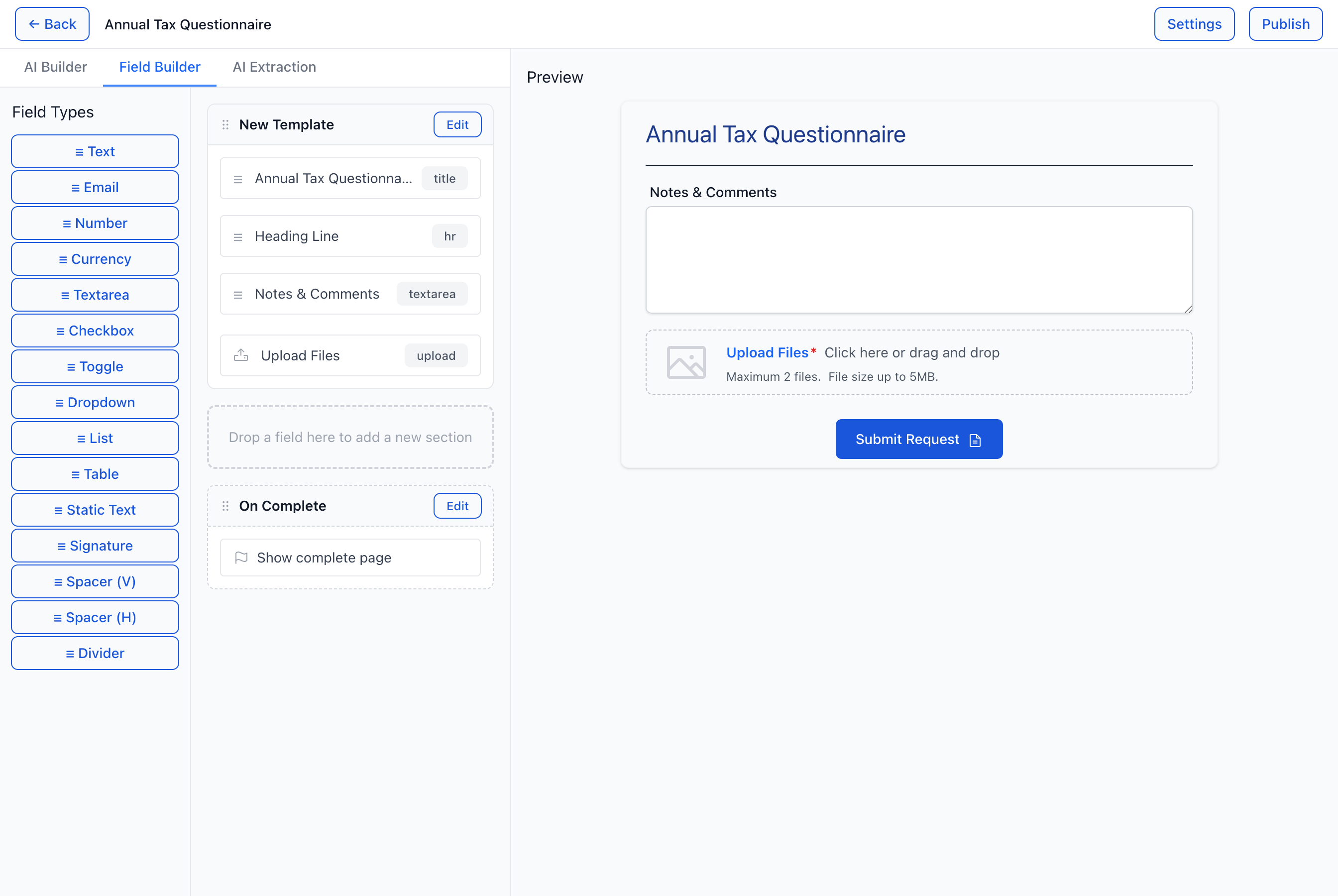 The builder canvas — the title row sits at the top of the first section, mirroring the template name in real time.