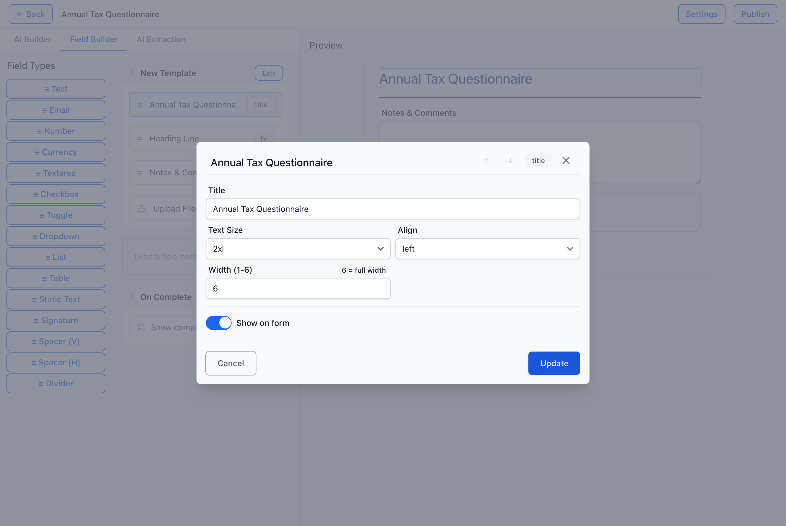The title's edit modal — Title, Text Size, Align, and Width. Field Name and Remove are hidden because the name is derived and the field can't be removed.