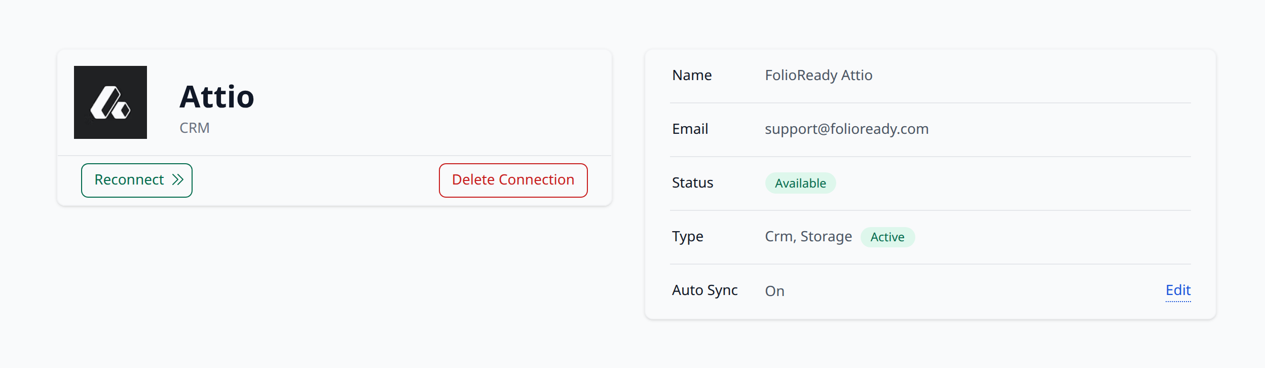 The connected Attio integration — reconnect or remove the connection, and toggle CRM auto-sync from the details panel.