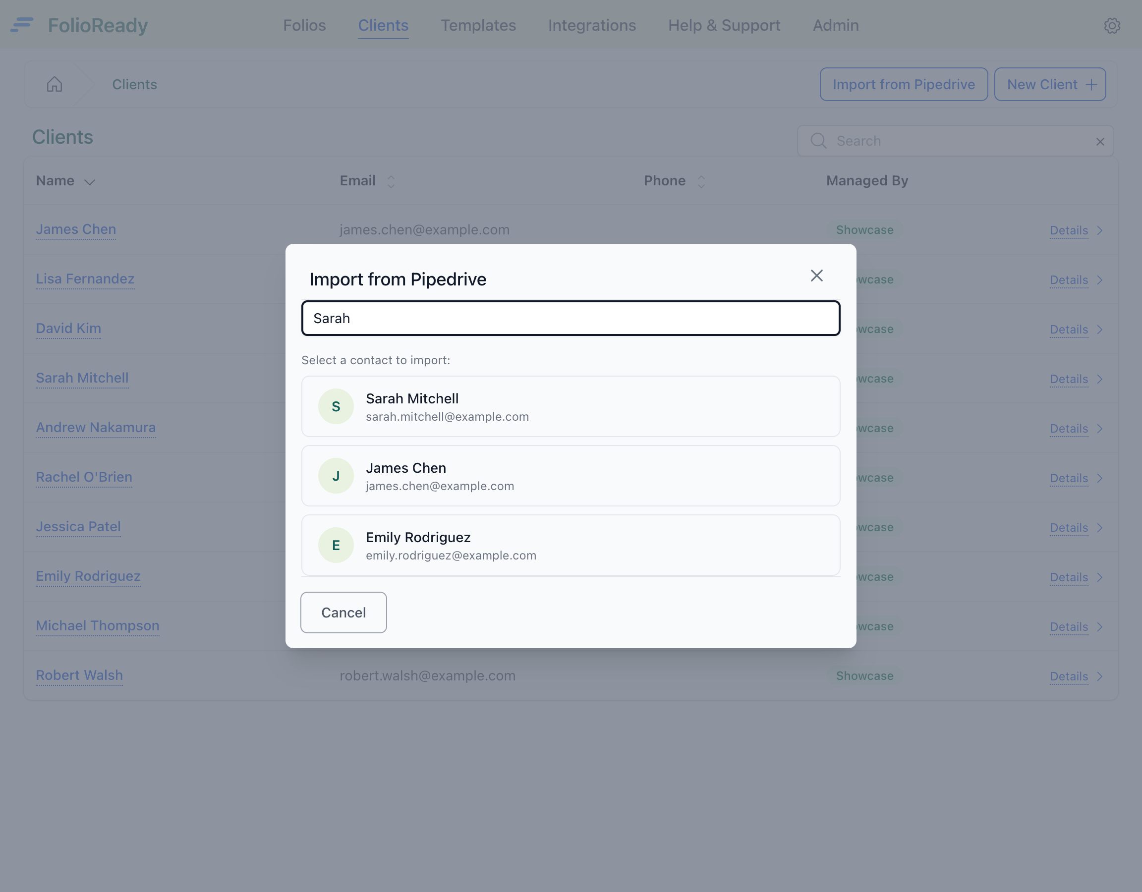Search for a Pipedrive contact to import