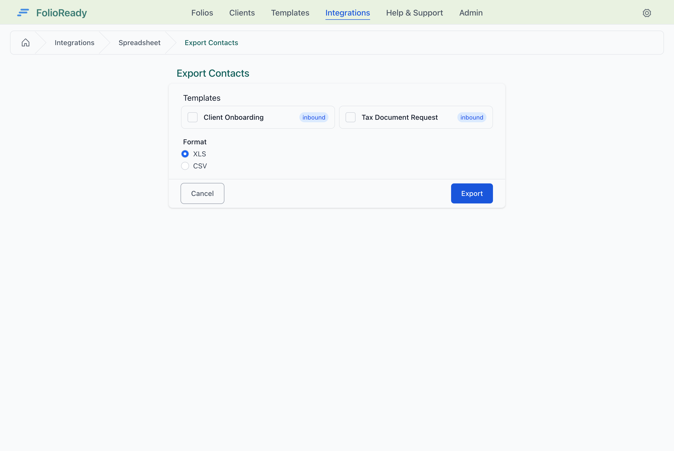 Select templates and format for contact export