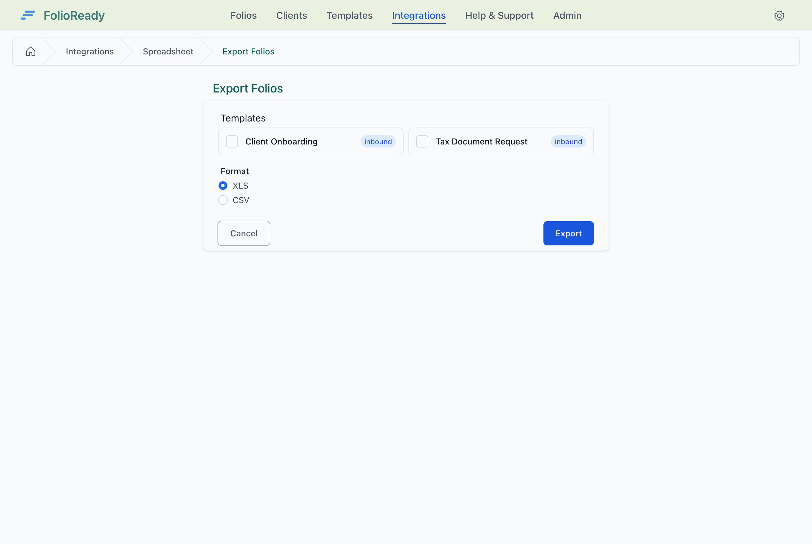Select templates and format for folio export