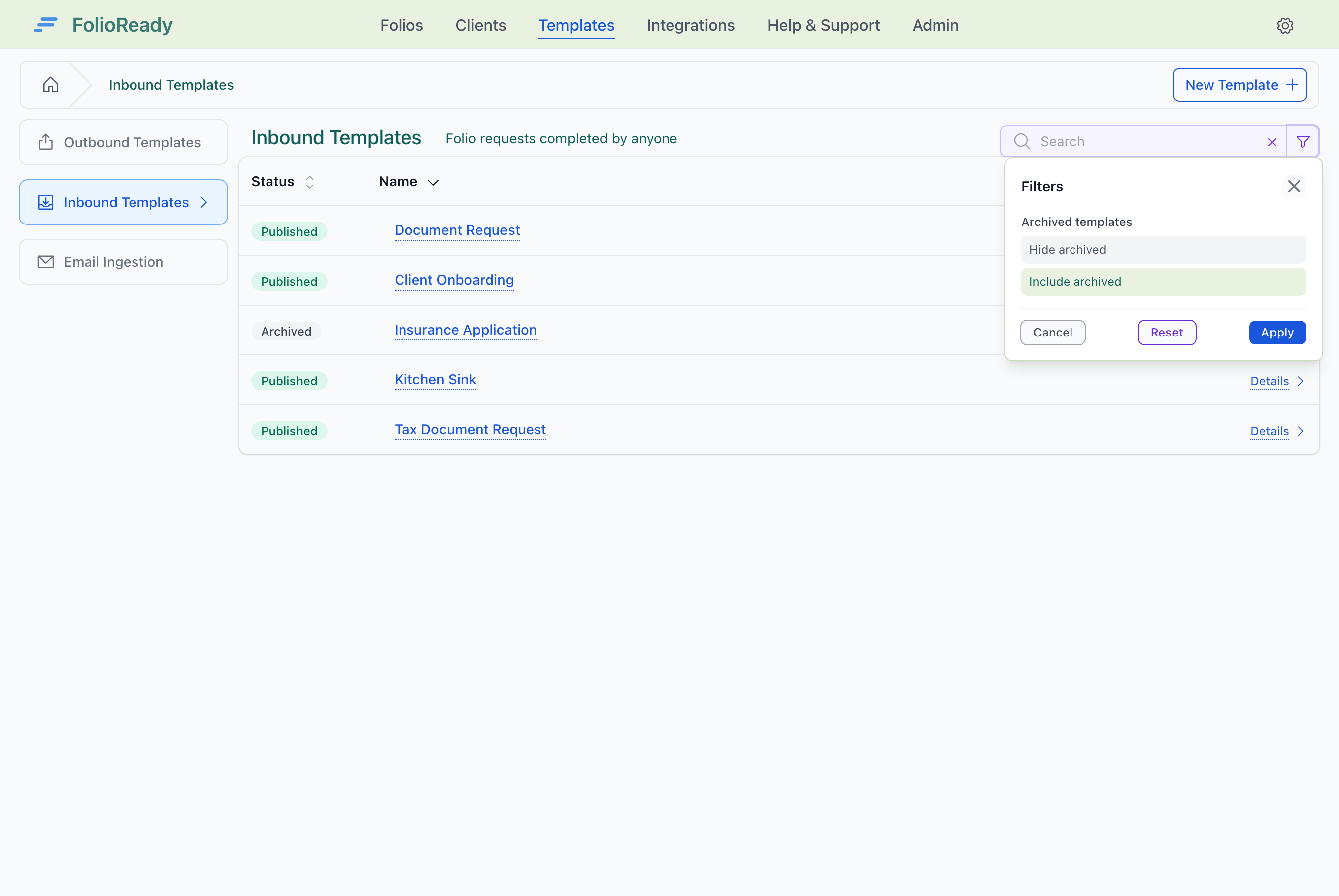 Toggle Include archived from the templates list filter