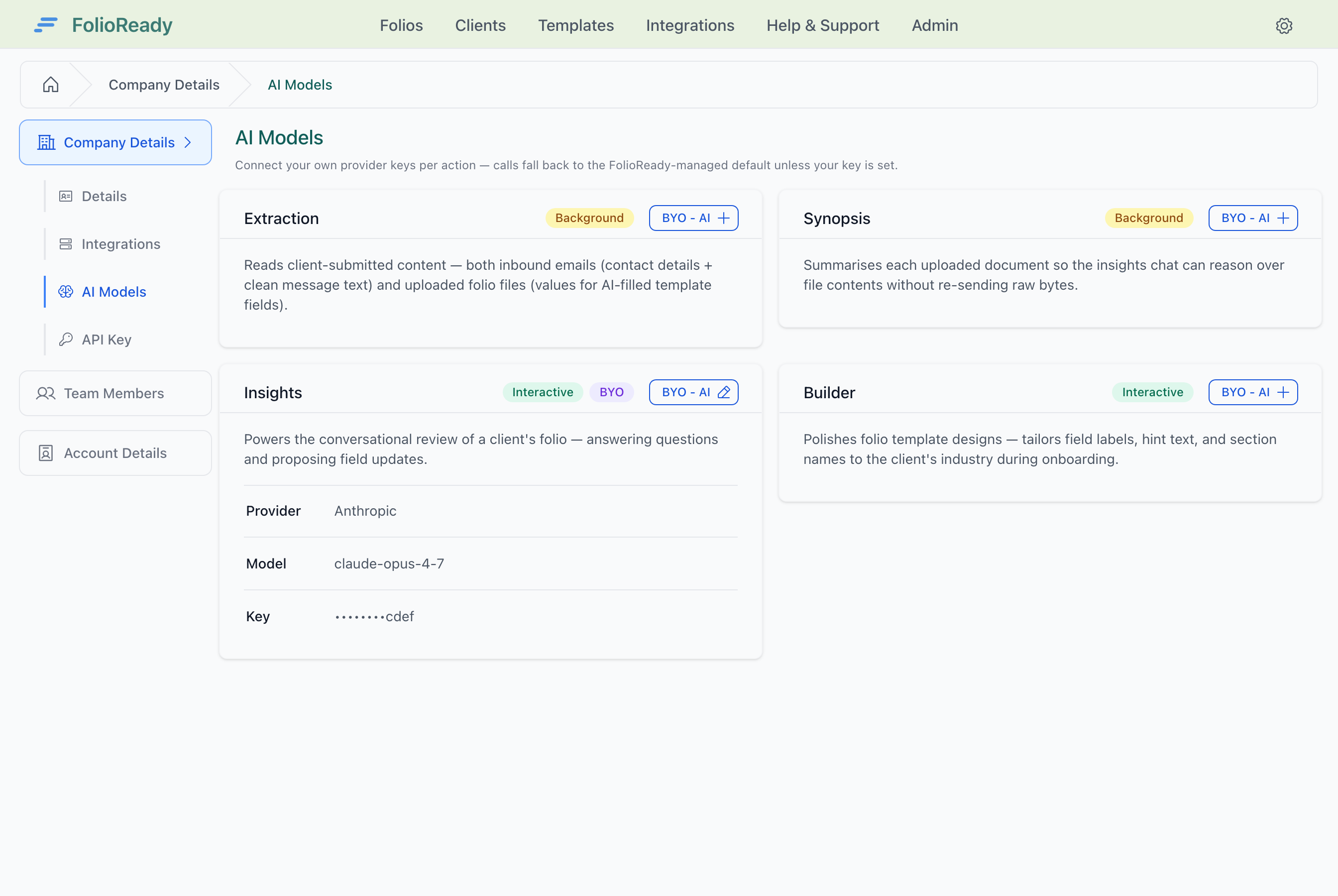 The Company section exposes AI Models as a dedicated tab.