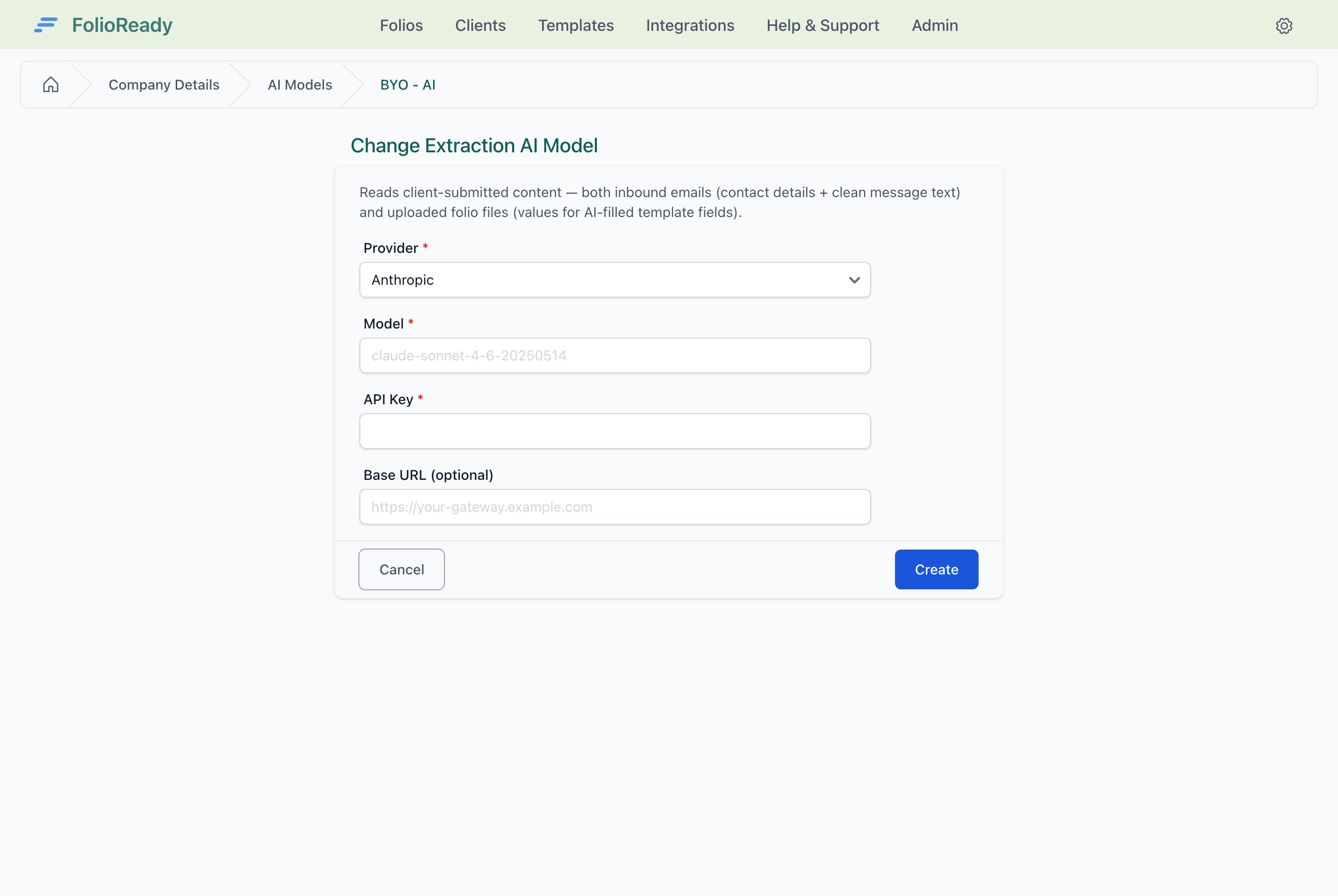 The BYO form is scoped to one action — pick a provider, paste your key, optionally point at a proxy endpoint.