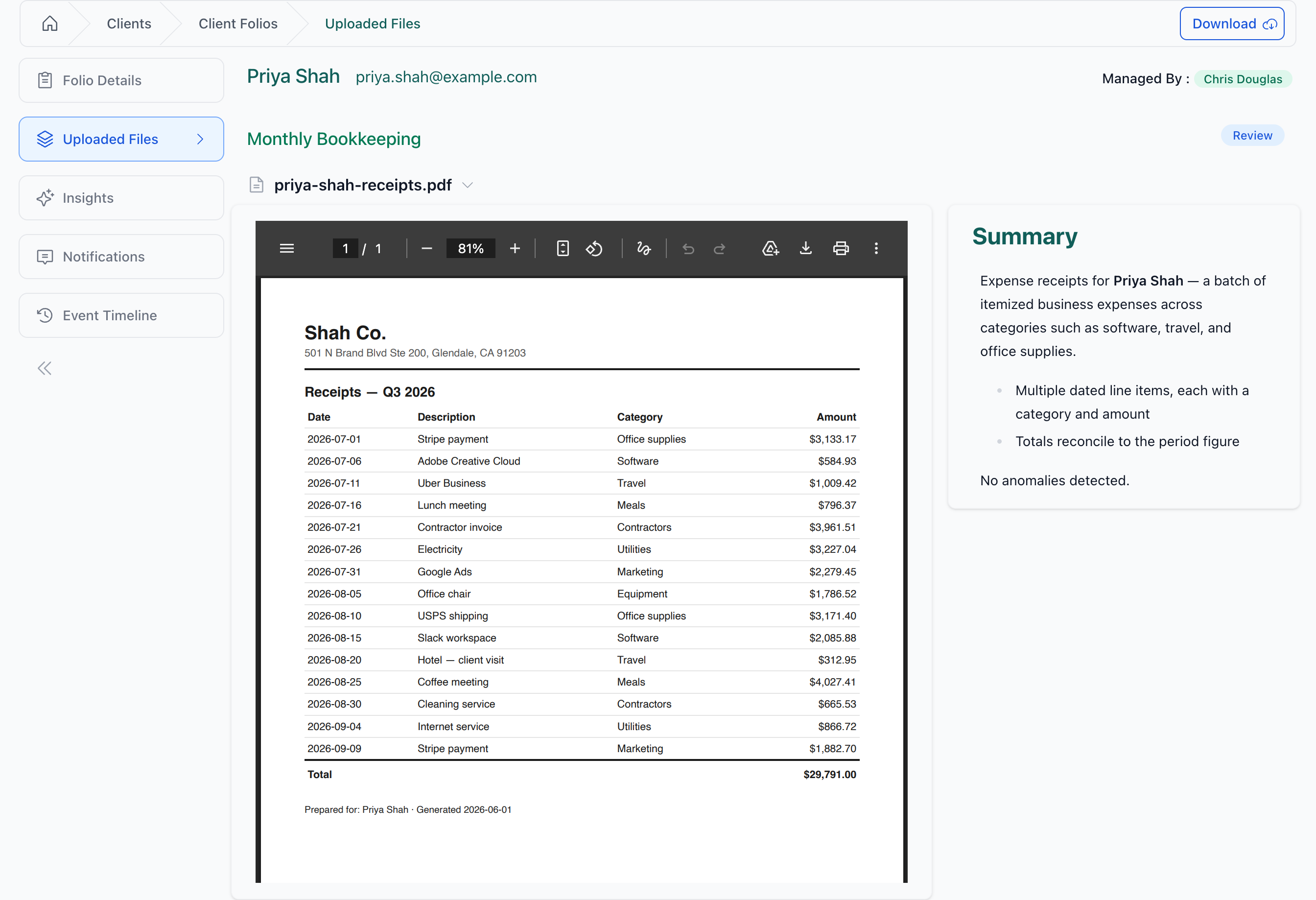 A document and its AI synopsis side by side — scan the summary without opening the file.