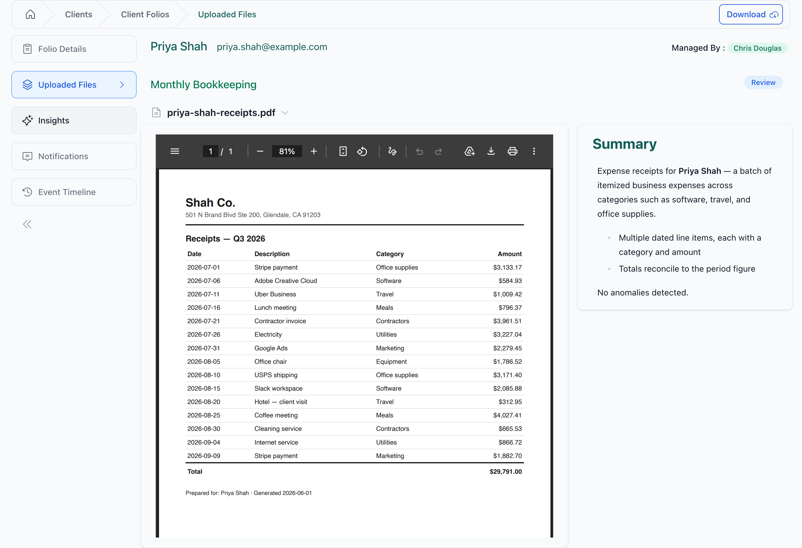 Choosing a file from the picker — just the filename for a single section, or the section and filename across several — with the document and its synopsis side by side.