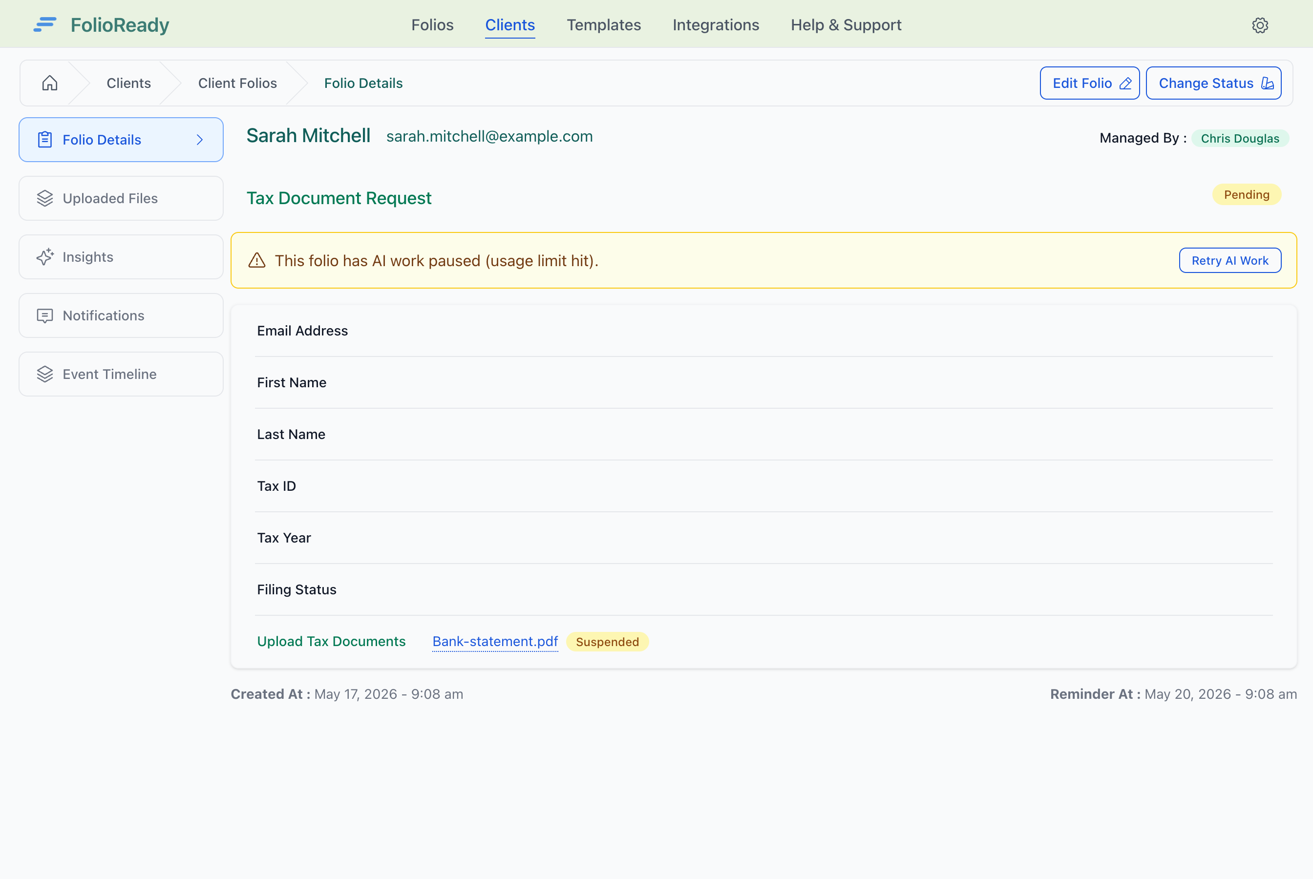 A file marked Suspended after AI usage hit the spend limit — generation resumes after Retry AI Work on the folio.