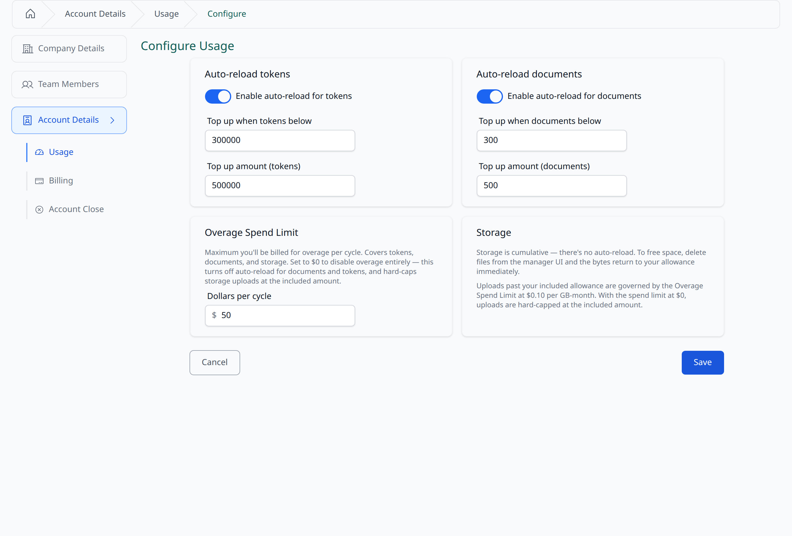 The Configure form — auto-reload per ledger on the top row, spend limit below.